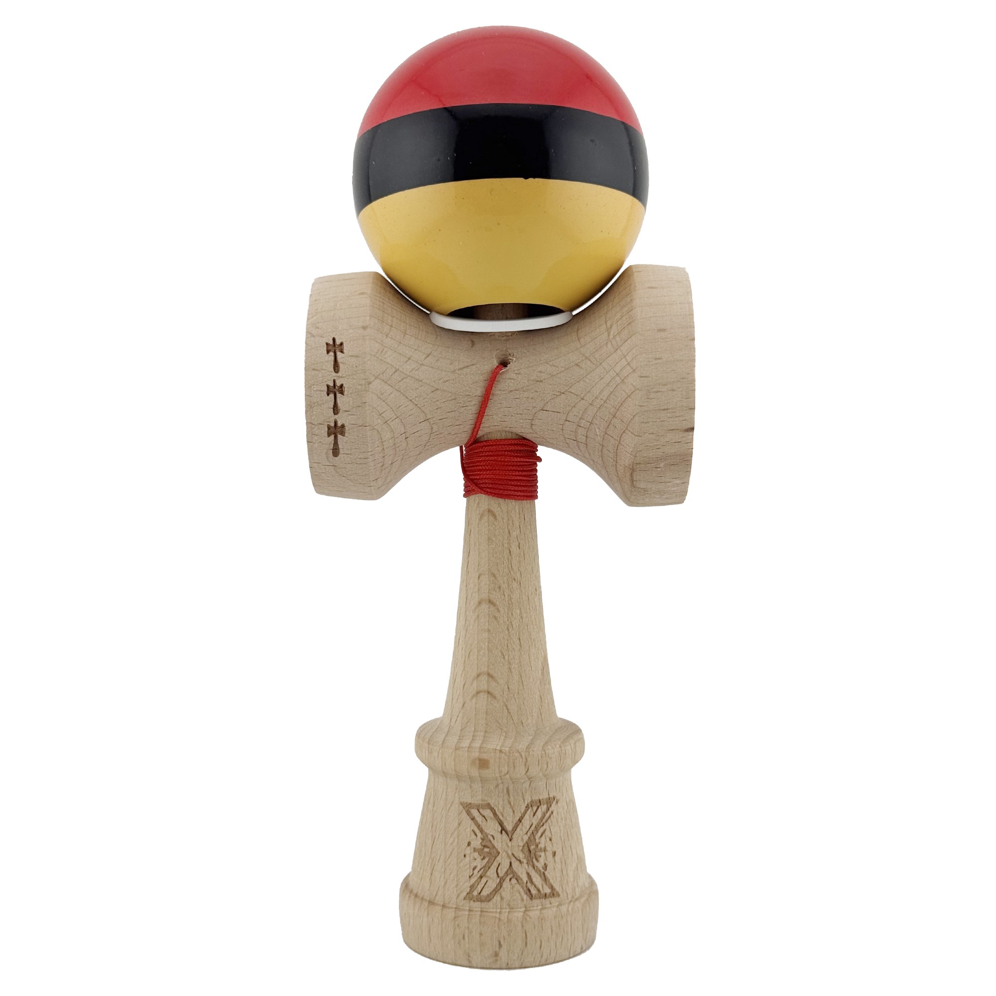 Kendama X Originala, Profesionala, Flippy, Super Sticky cu Cupe Mari KING SIZE V3, Gaura in Baza, Rulment Metalic, din lemn 18 cm, Ata 62/65 cm, Rosu/Negru/Galben 
