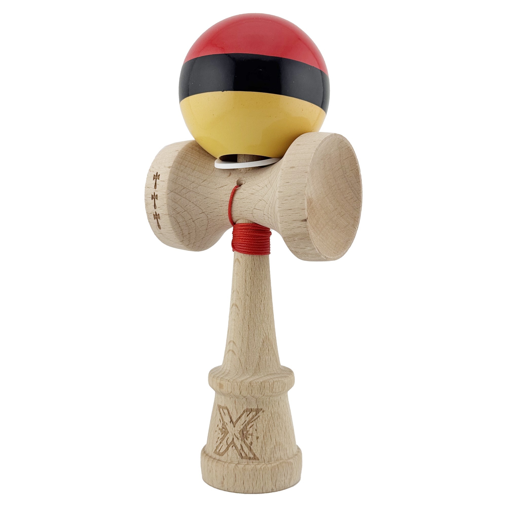 Kendama X Originala, Profesionala, Flippy, Super Sticky cu Cupe Mari KING SIZE V3, Gaura in Baza, Rulment Metalic, din lemn 18 cm, Ata 62/65 cm, Rosu/Negru/Galben 