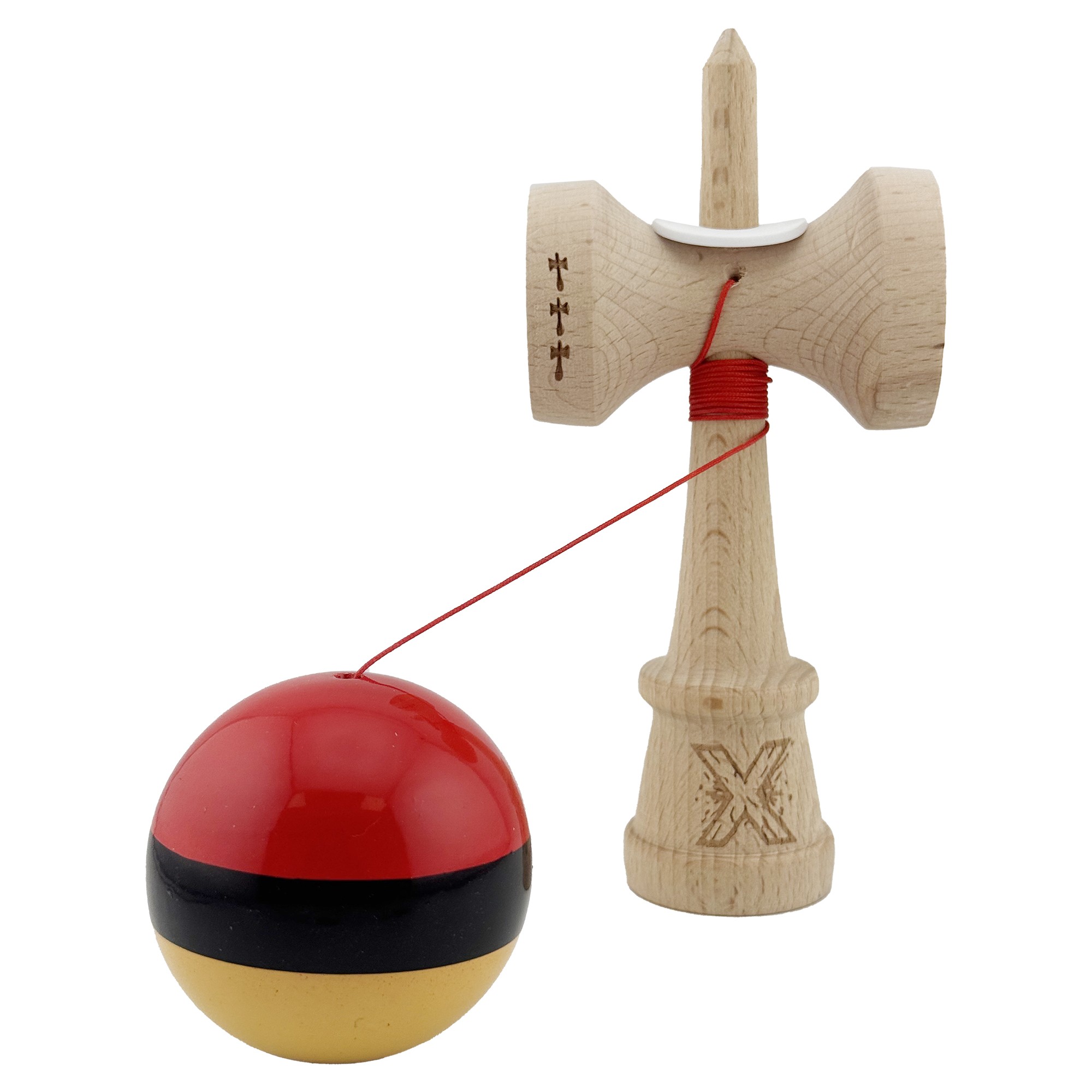 Kendama X Originala, Profesionala, Flippy, Super Sticky cu Cupe Mari KING SIZE V3, Gaura in Baza, Rulment Metalic, din lemn 18 cm, Ata 62/65 cm, Rosu/Negru/Galben 