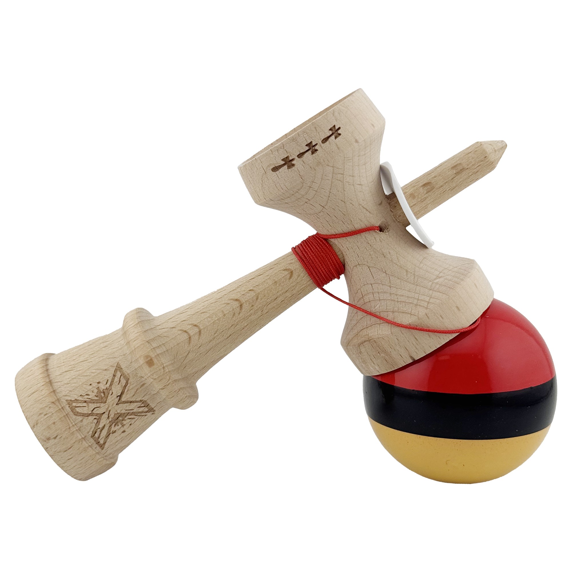 Kendama X Originala, Profesionala, Flippy, Super Sticky cu Cupe Mari KING SIZE V3, Gaura in Baza, Rulment Metalic, din lemn 18 cm, Ata 62/65 cm, Rosu/Negru/Galben 