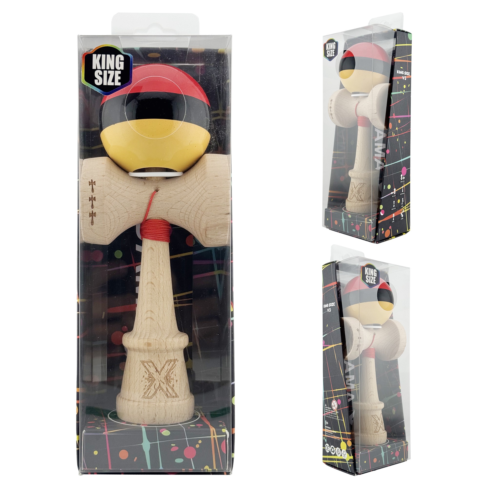 Kendama X Originala, Profesionala, Flippy, Super Sticky cu Cupe Mari KING SIZE V3, Gaura in Baza, Rulment Metalic, din lemn 18 cm, Ata 62/65 cm, Rosu/Negru/Galben 