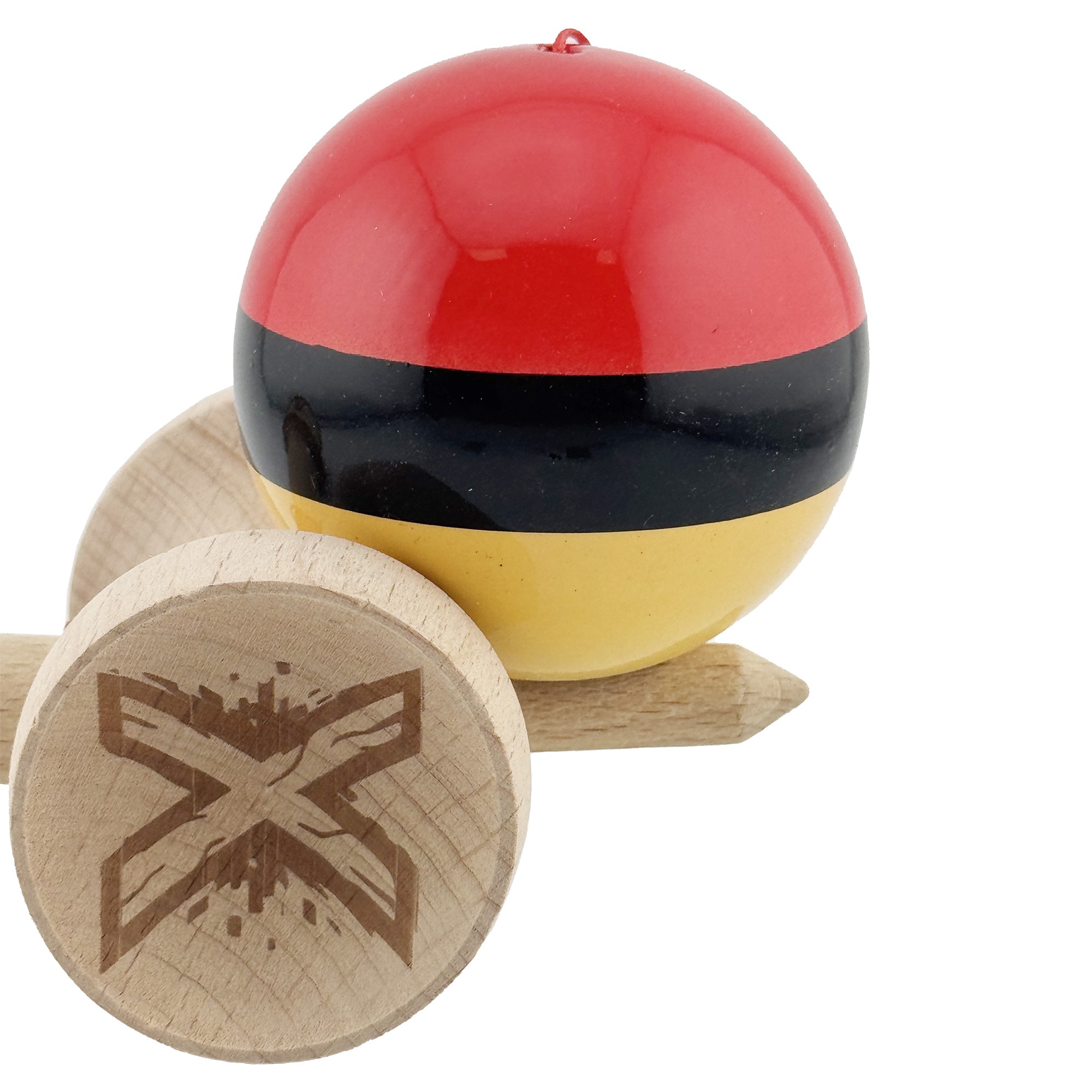 Kendama X Originala, Profesionala, Flippy, Super Sticky cu Cupe Mari KING SIZE V3, Gaura in Baza, Rulment Metalic, din lemn 18 cm, Ata 62/65 cm, Rosu/Negru/Galben 