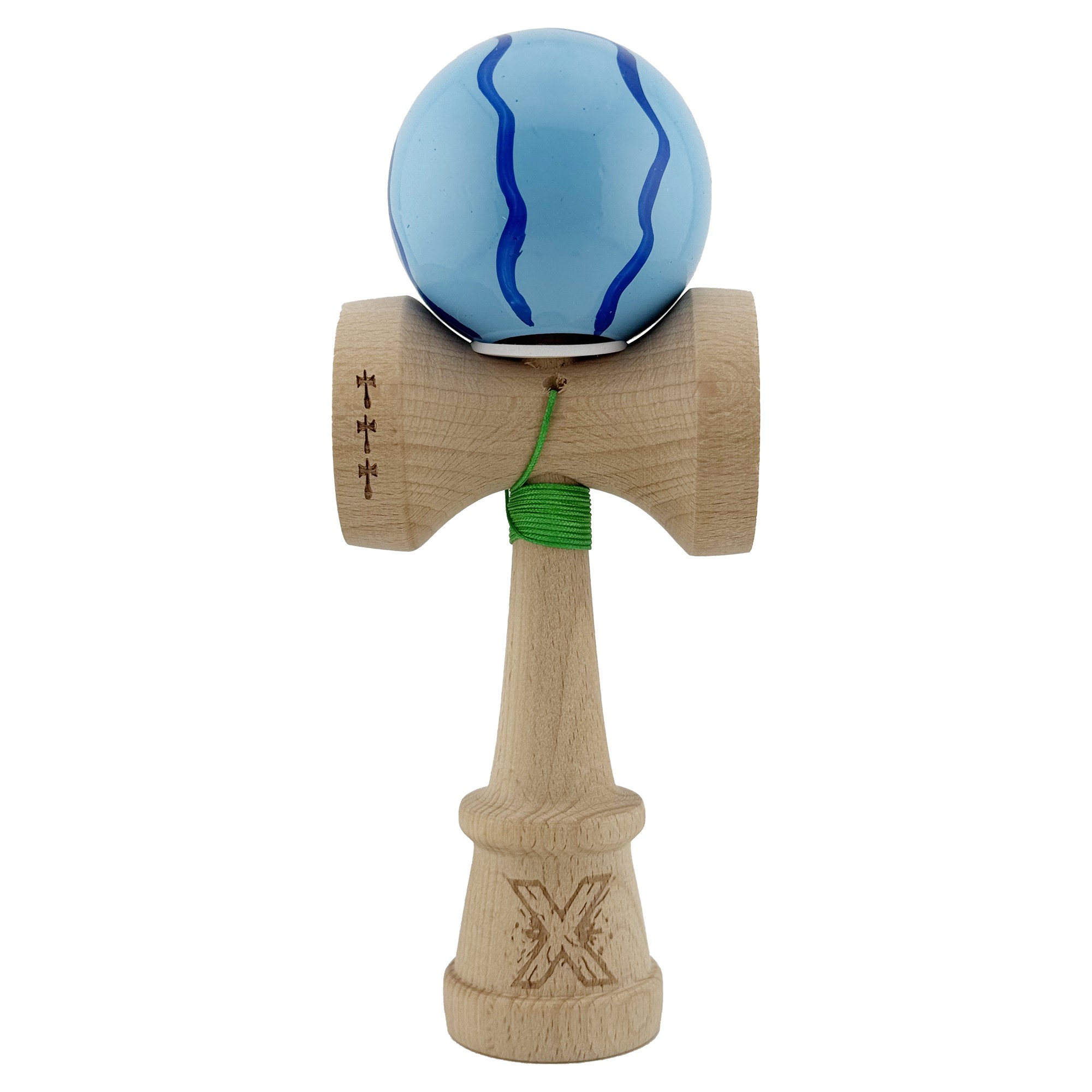 Kendama X Originala, Profesionala, Flippy, Super Sticky cu Cupe Mari KING SIZE V3, Gaura in Baza, Rulment Metalic, din lemn 18 cm, Ata 62/65 cm, Special Albastru deschis