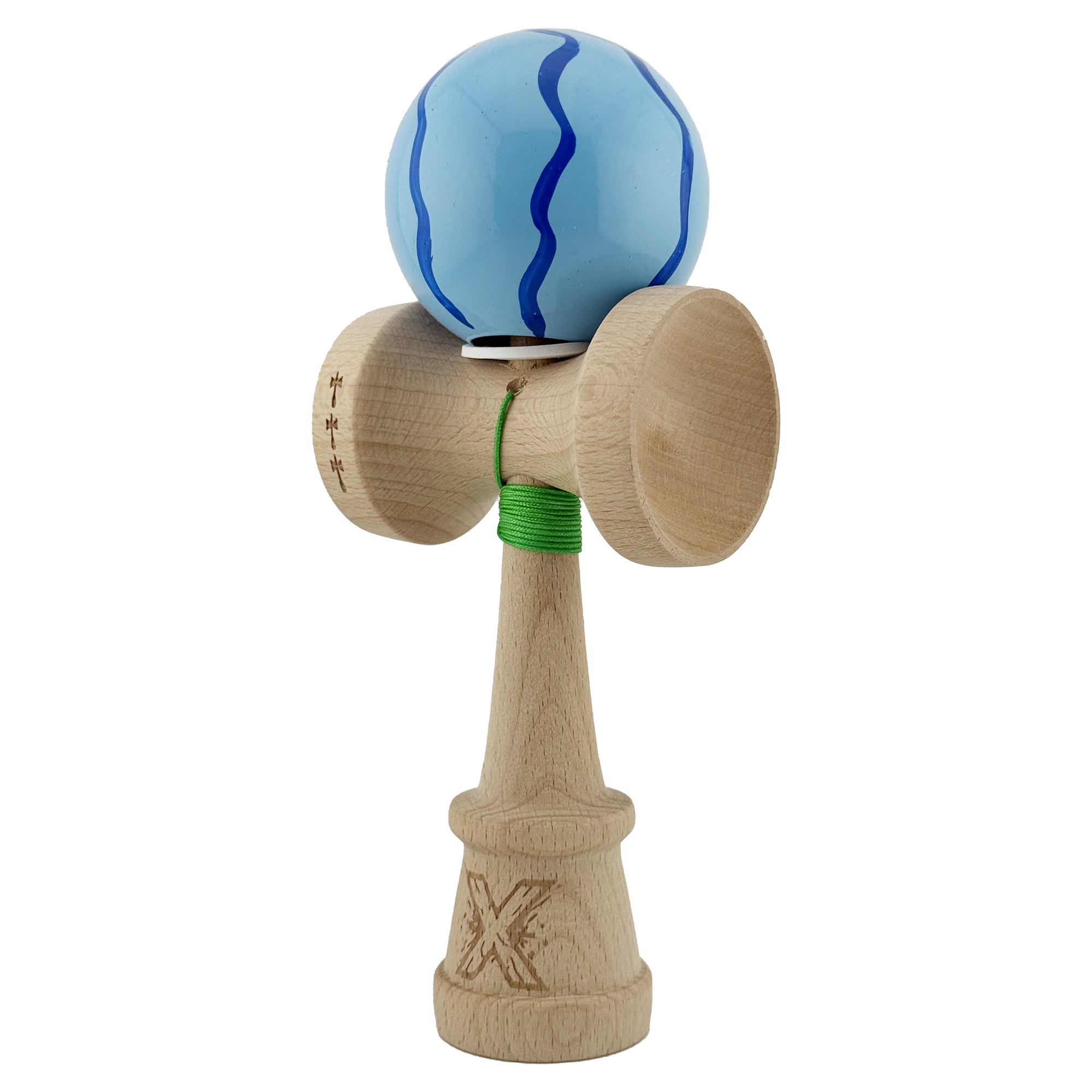 Kendama X Originala, Profesionala, Flippy, Super Sticky cu Cupe Mari KING SIZE V3, Gaura in Baza, Rulment Metalic, din lemn 18 cm, Ata 62/65 cm, Special Albastru deschis