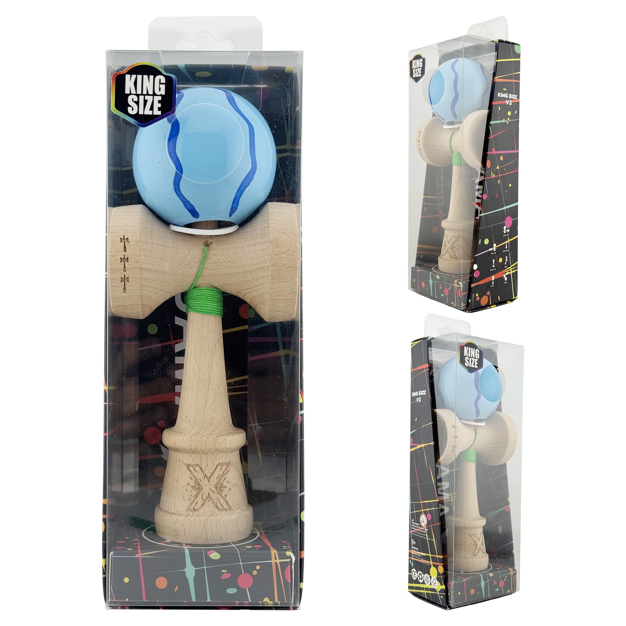 Kendama X Originala, Profesionala, Flippy, Super Sticky cu Cupe Mari KING SIZE V3, Gaura in Baza, Rulment Metalic, din lemn 18 cm, Ata 62/65 cm, Special Albastru deschis