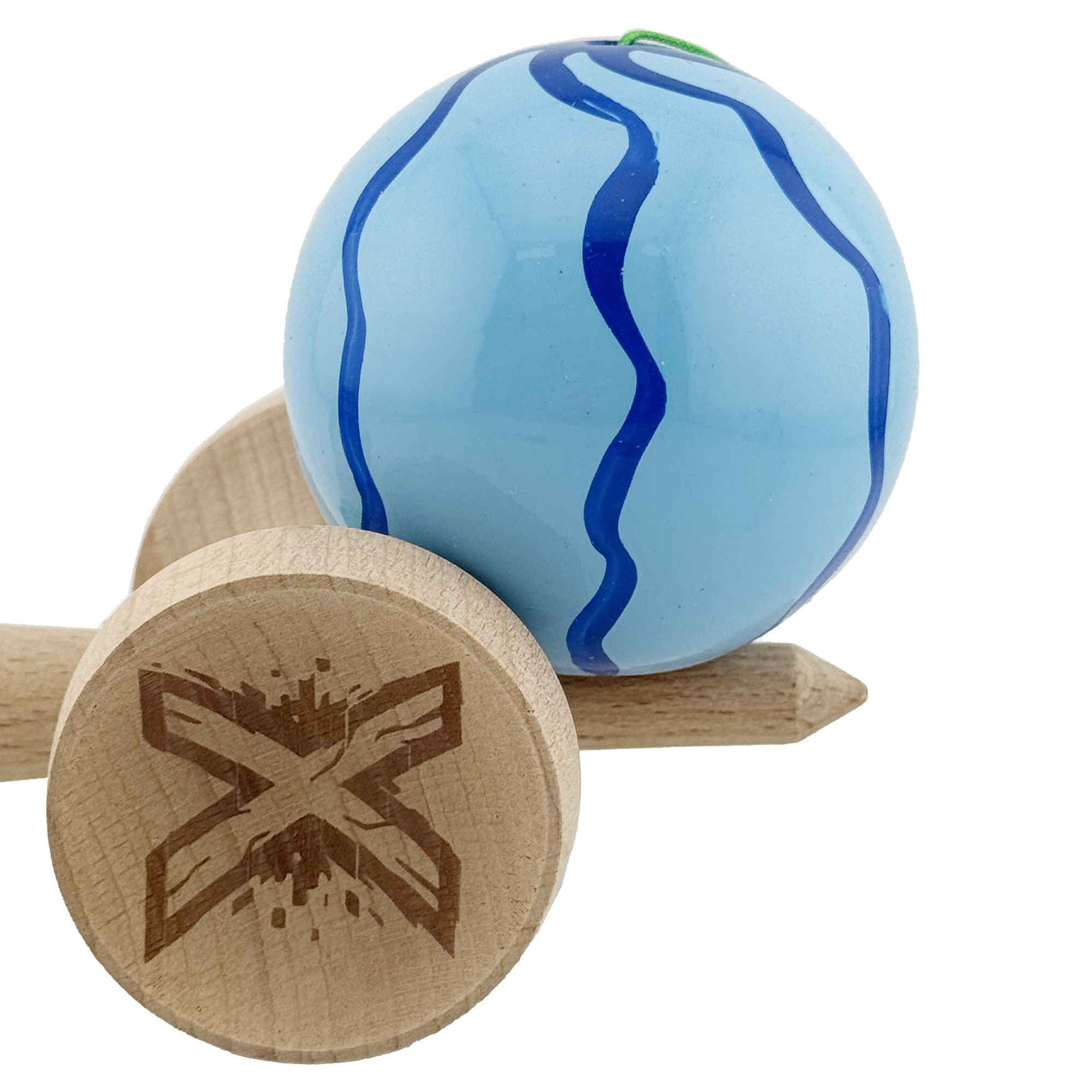 Kendama X Originala, Profesionala, Flippy, Super Sticky cu Cupe Mari KING SIZE V3, Gaura in Baza, Rulment Metalic, din lemn 18 cm, Ata 62/65 cm, Special Albastru deschis