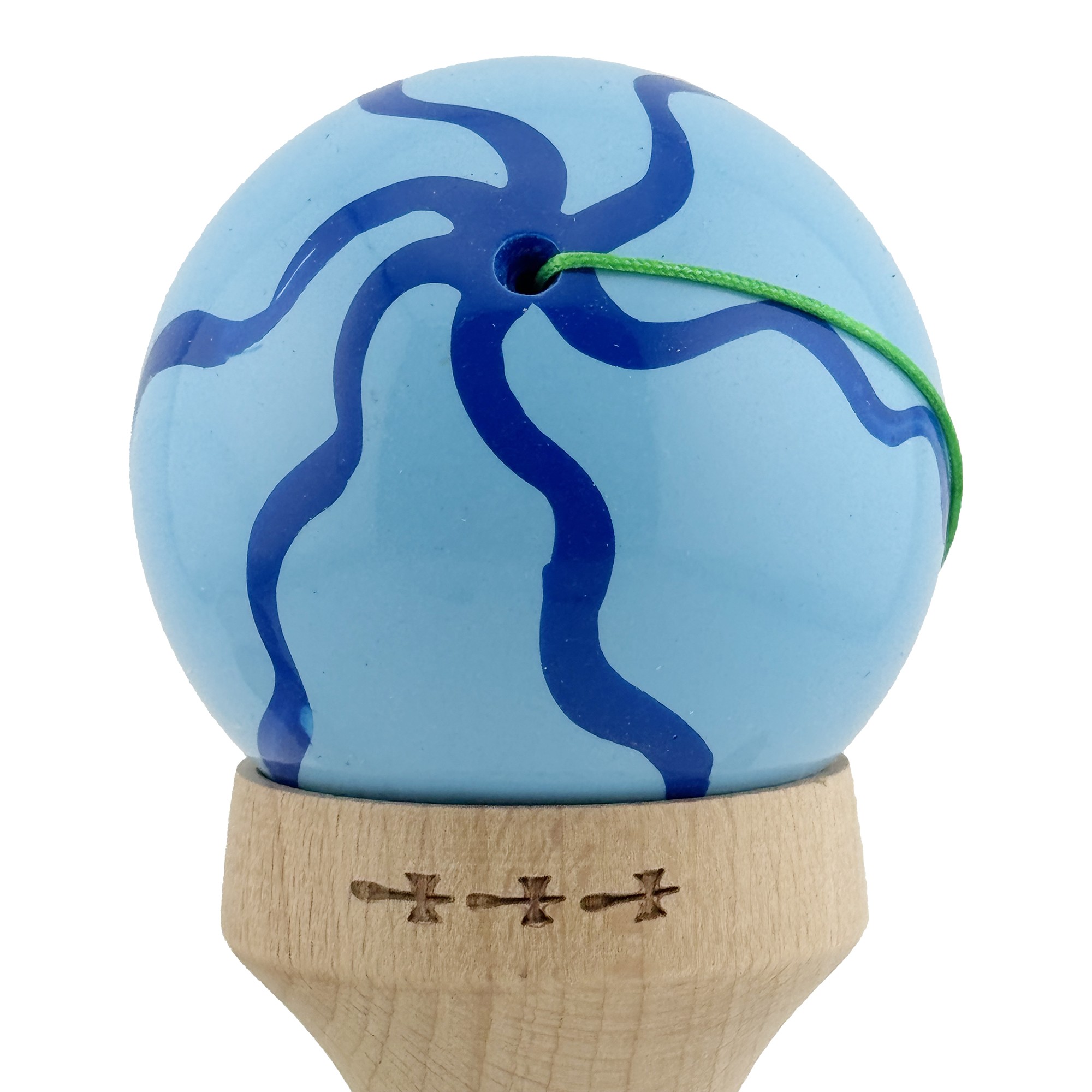 Kendama X Originala, Profesionala, Flippy, Super Sticky cu Cupe Mari KING SIZE V3, Gaura in Baza, Rulment Metalic, din lemn 18 cm, Ata 62/65 cm, Special Albastru deschis