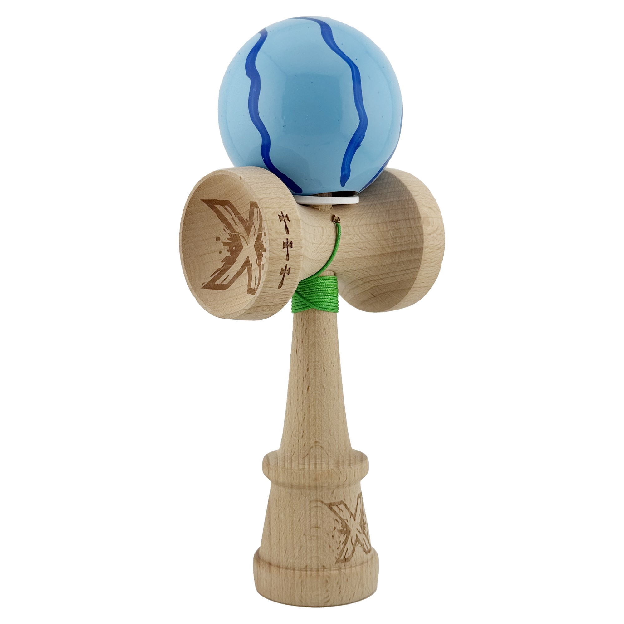 Kendama X Originala, Profesionala, Flippy, Super Sticky cu Cupe Mari KING SIZE V3, Gaura in Baza, Rulment Metalic, din lemn 18 cm, Ata 62/65 cm, Special Albastru deschis