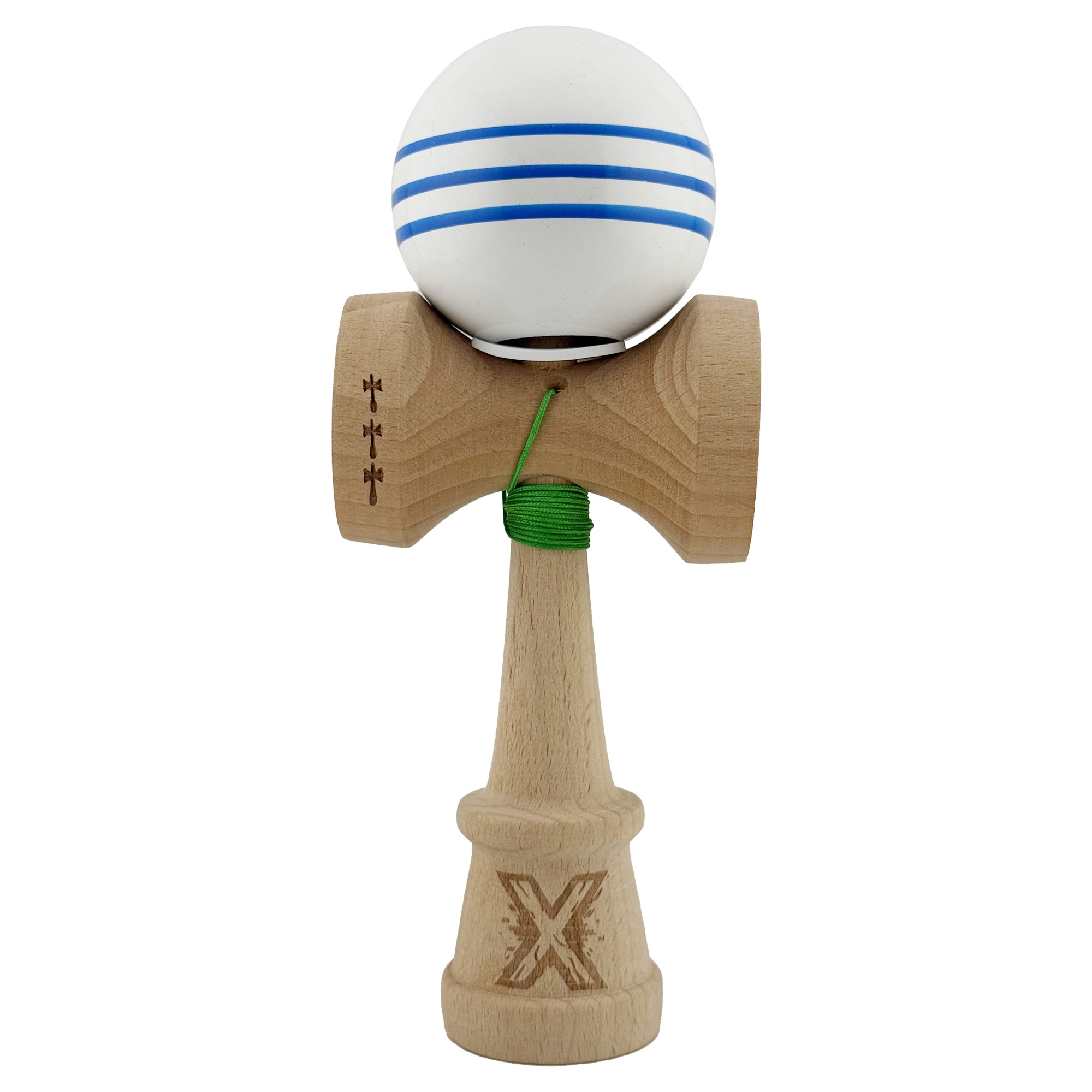 Kendama X Originala, Profesionala, Flippy, Super Sticky cu Cupe Mari KING SIZE V3, Gaura in Baza, Rulment Metalic, din lemn 18 cm, Ata 62/65 cm, Special Alb/Albastru