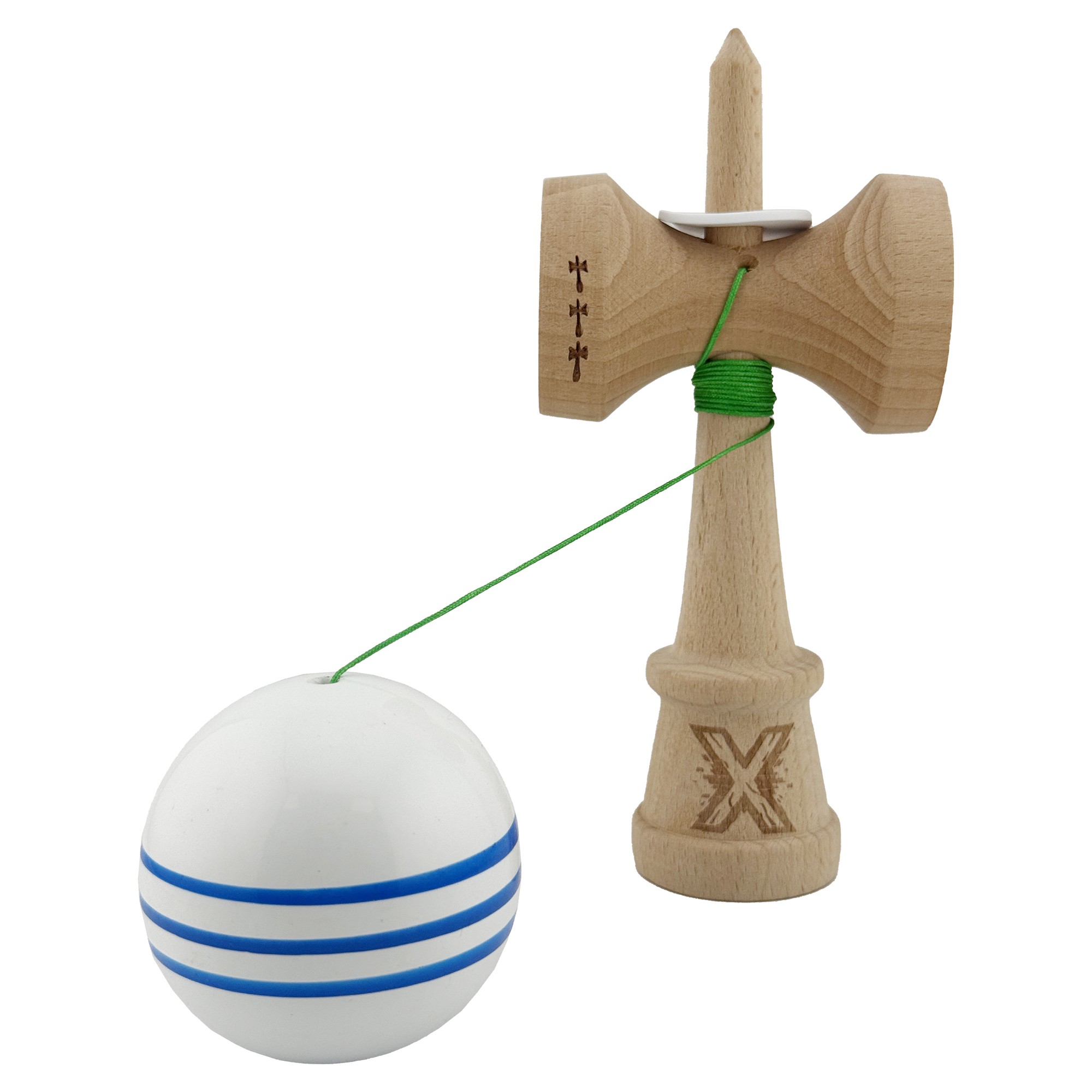Kendama X Originala, Profesionala, Flippy, Super Sticky cu Cupe Mari KING SIZE V3, Gaura in Baza, Rulment Metalic, din lemn 18 cm, Ata 62/65 cm, Special Alb/Albastru