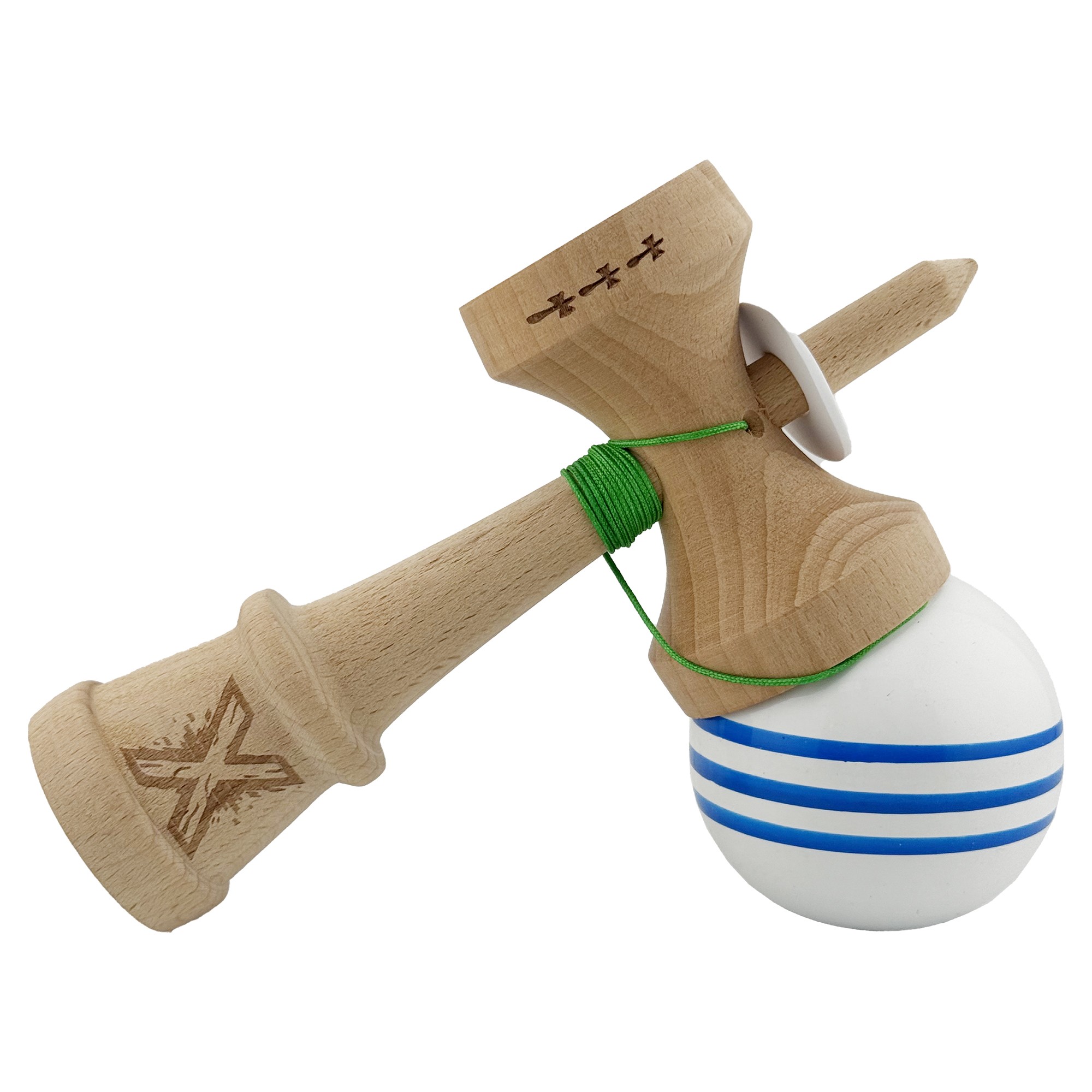 Kendama X Originala, Profesionala, Flippy, Super Sticky cu Cupe Mari KING SIZE V3, Gaura in Baza, Rulment Metalic, din lemn 18 cm, Ata 62/65 cm, Special Alb/Albastru