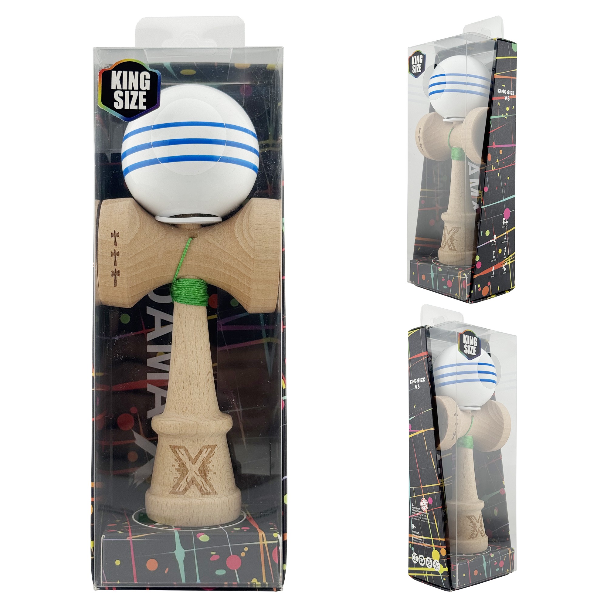 Kendama X Originala, Profesionala, Flippy, Super Sticky cu Cupe Mari KING SIZE V3, Gaura in Baza, Rulment Metalic, din lemn 18 cm, Ata 62/65 cm, Special Alb/Albastru