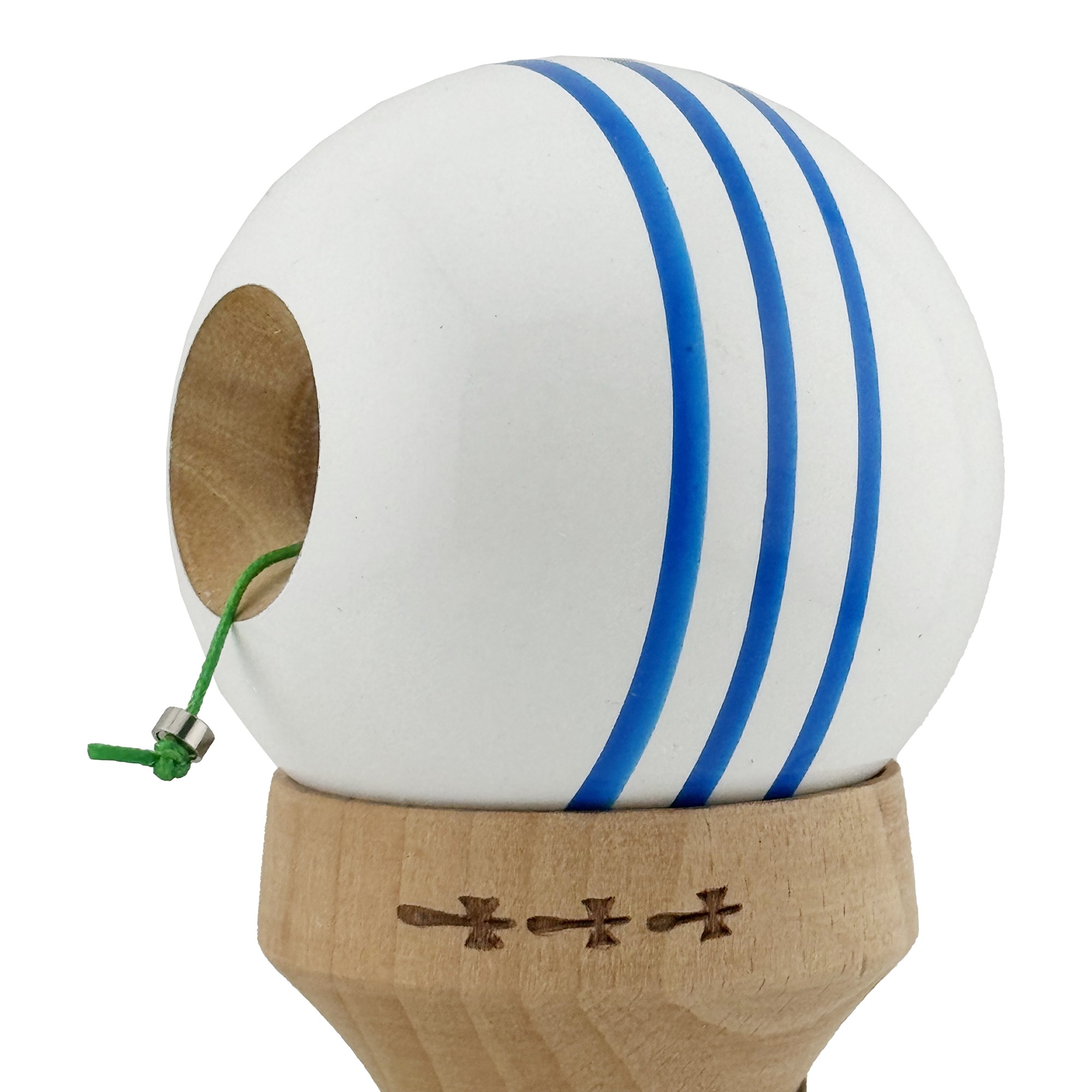 Kendama X Originala, Profesionala, Flippy, Super Sticky cu Cupe Mari KING SIZE V3, Gaura in Baza, Rulment Metalic, din lemn 18 cm, Ata 62/65 cm, Special Alb/Albastru