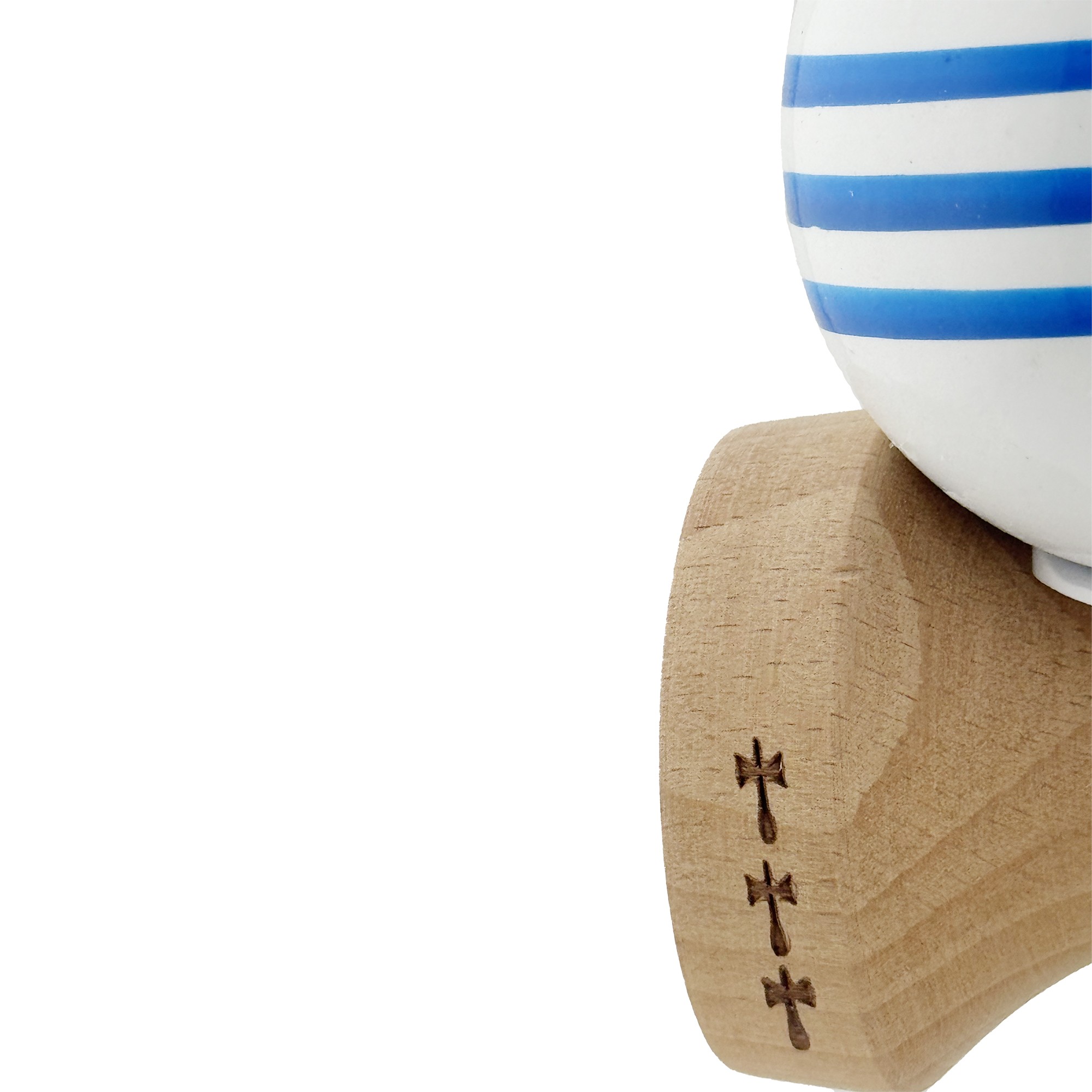 Kendama X Originala, Profesionala, Flippy, Super Sticky cu Cupe Mari KING SIZE V3, Gaura in Baza, Rulment Metalic, din lemn 18 cm, Ata 62/65 cm, Special Alb/Albastru