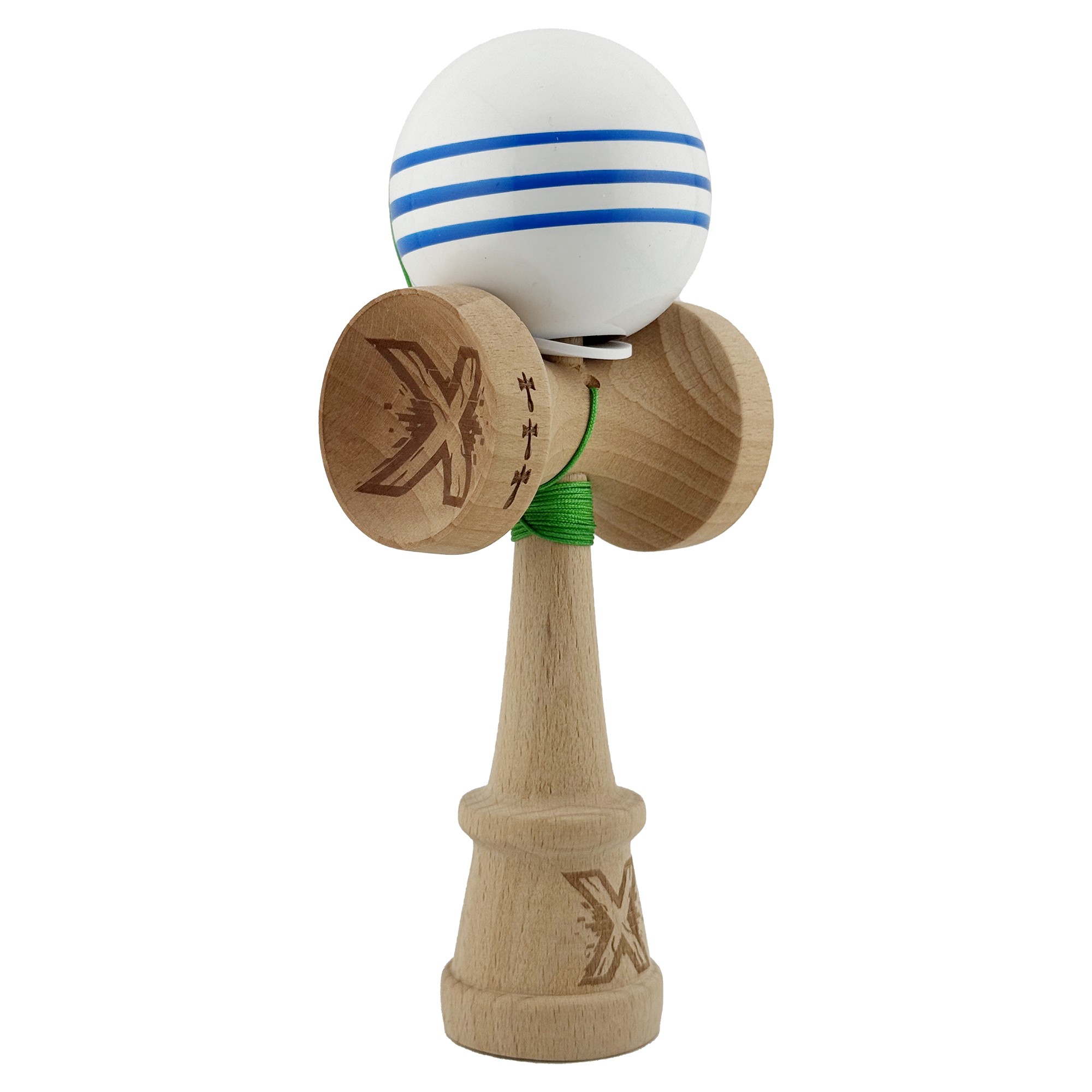 Kendama X Originala, Profesionala, Flippy, Super Sticky cu Cupe Mari KING SIZE V3, Gaura in Baza, Rulment Metalic, din lemn 18 cm, Ata 62/65 cm, Special Alb/Albastru