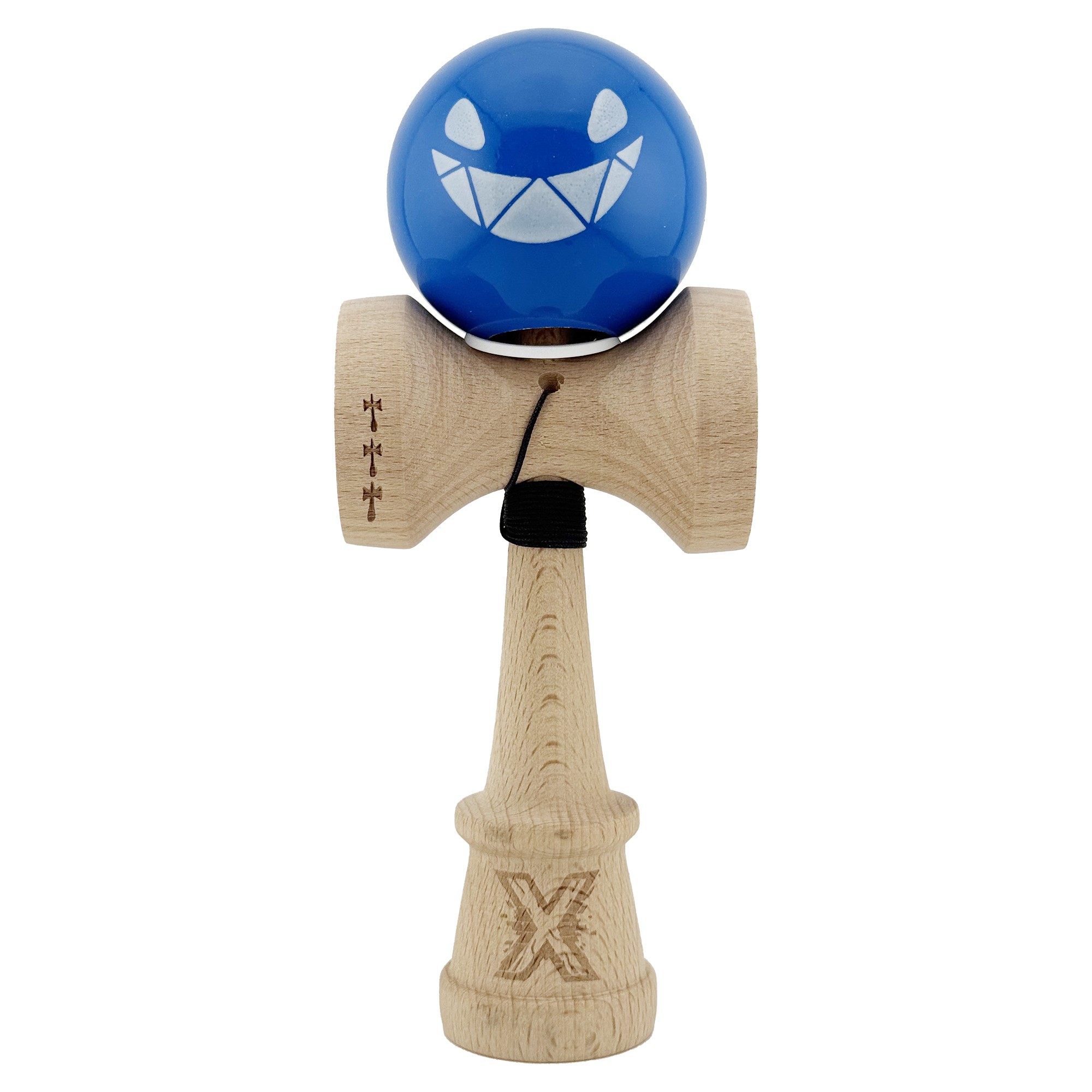 Kendama X Originala, Profesionala, Flippy, Crazy Smile, Super Sticky cu Cupe Mari KING SIZE V3, Gaura in Baza, Rulment Metalic, din lemn 18 cm, Ata 62/65 cm, Special Albastru