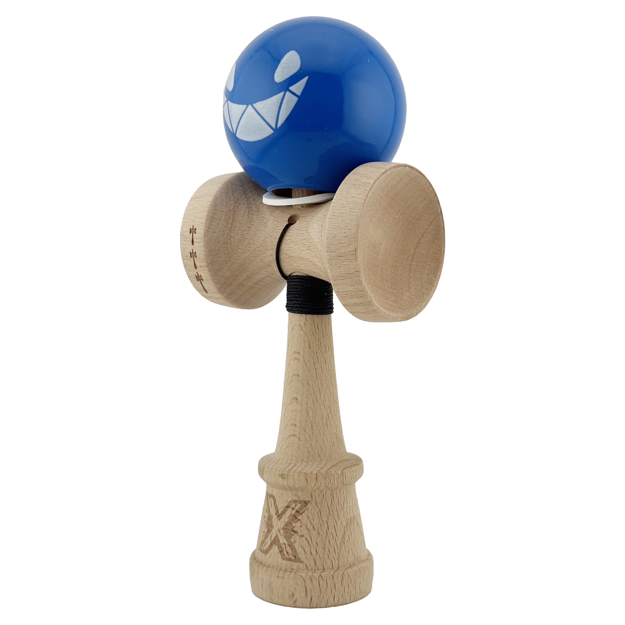 Kendama X Originala, Profesionala, Flippy, Crazy Smile, Super Sticky cu Cupe Mari KING SIZE V3, Gaura in Baza, Rulment Metalic, din lemn 18 cm, Ata 62/65 cm, Special Albastru
