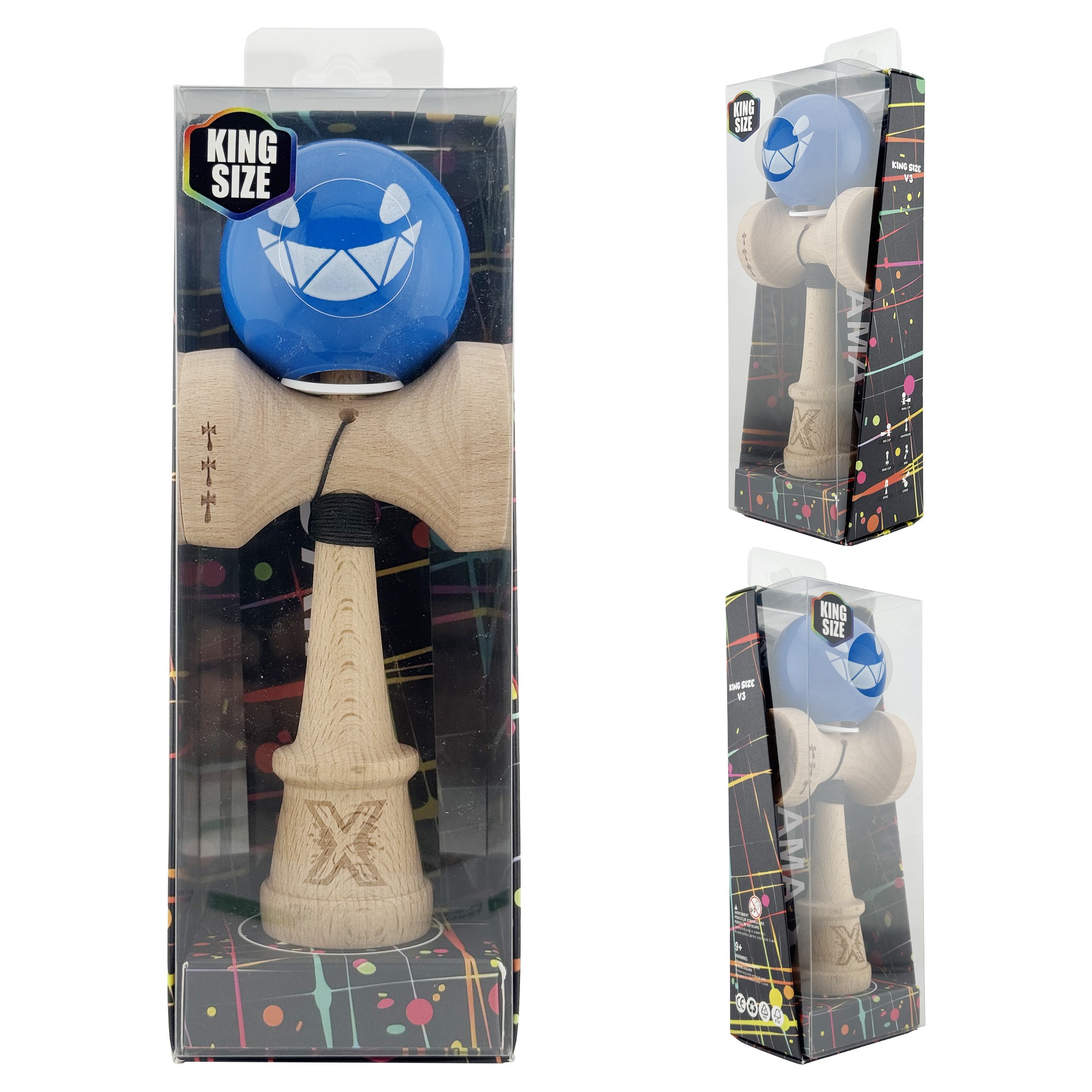 Kendama X Originala, Profesionala, Flippy, Crazy Smile, Super Sticky cu Cupe Mari KING SIZE V3, Gaura in Baza, Rulment Metalic, din lemn 18 cm, Ata 62/65 cm, Special Albastru