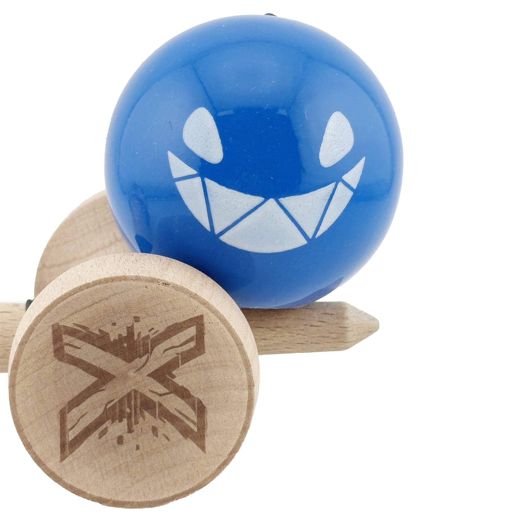 Kendama X Originala, Profesionala, Flippy, Crazy Smile, Super Sticky cu Cupe Mari KING SIZE V3, Gaura in Baza, Rulment Metalic, din lemn 18 cm, Ata 62/65 cm, Special Albastru