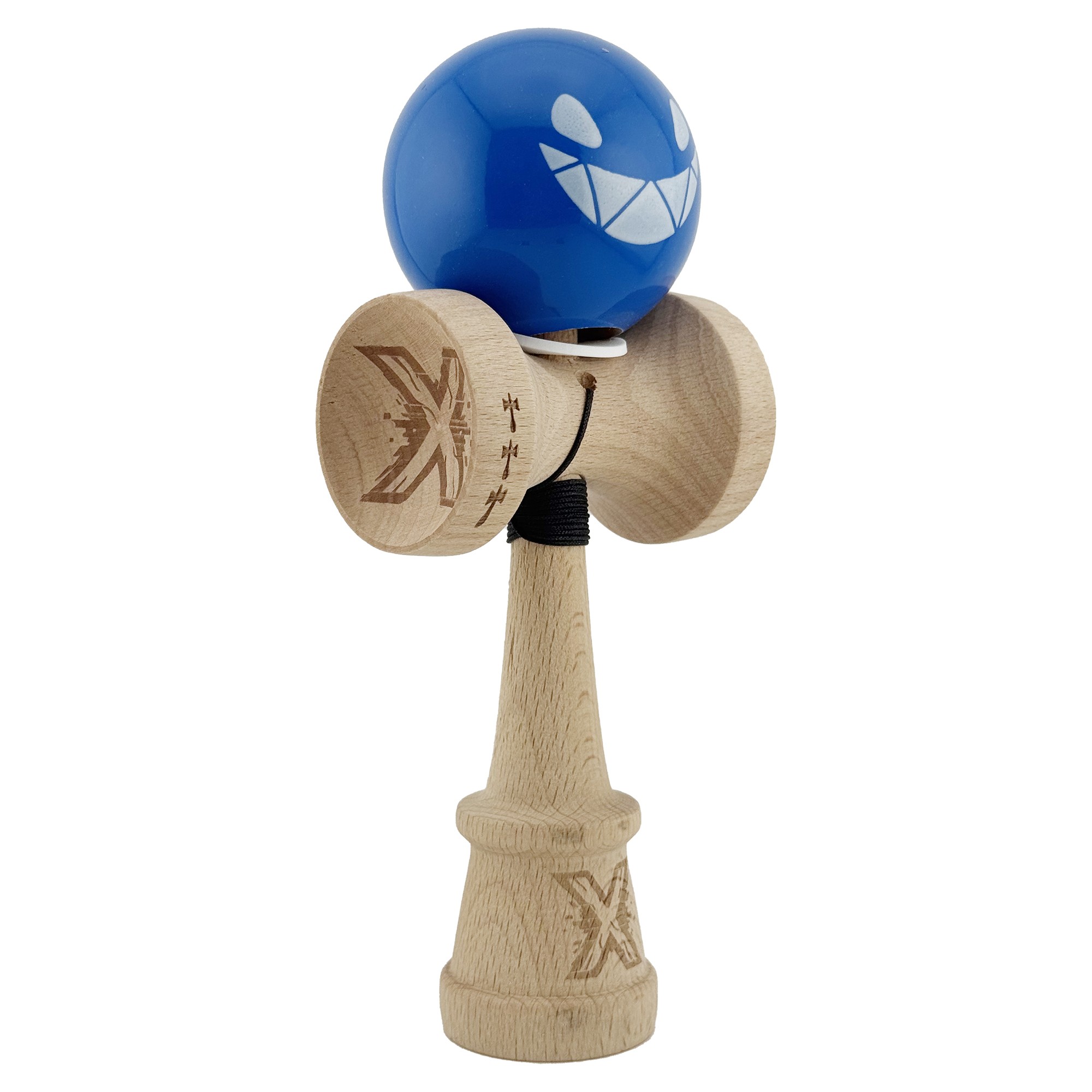 Kendama X Originala, Profesionala, Flippy, Crazy Smile, Super Sticky cu Cupe Mari KING SIZE V3, Gaura in Baza, Rulment Metalic, din lemn 18 cm, Ata 62/65 cm, Special Albastru