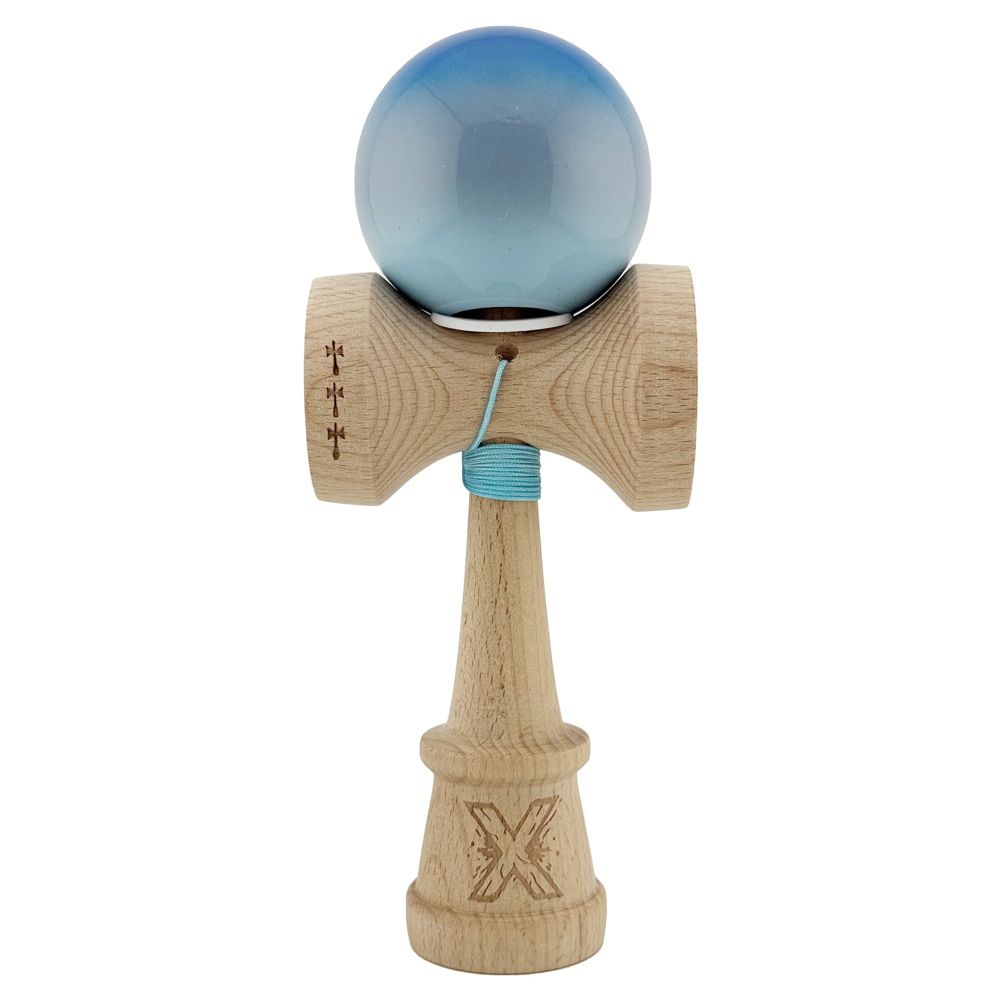 Kendama X Originala, Profesionala, Flippy, Super Sticky cu Cupe Mari KING SIZE V3, Gaura in Baza, Rulment Metalic, din lemn 18 cm, Ata 62/65 cm, Gradient Albastru/Gri/Bleu