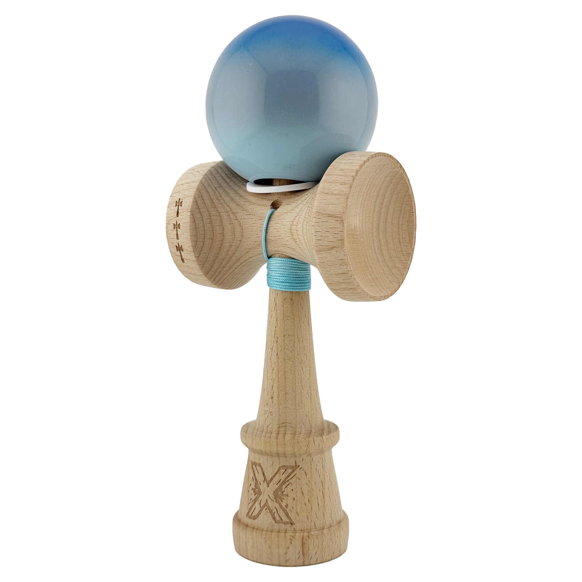 Kendama X Originala, Profesionala, Flippy, Super Sticky cu Cupe Mari KING SIZE V3, Gaura in Baza, Rulment Metalic, din lemn 18 cm, Ata 62/65 cm, Gradient Albastru/Gri/Bleu