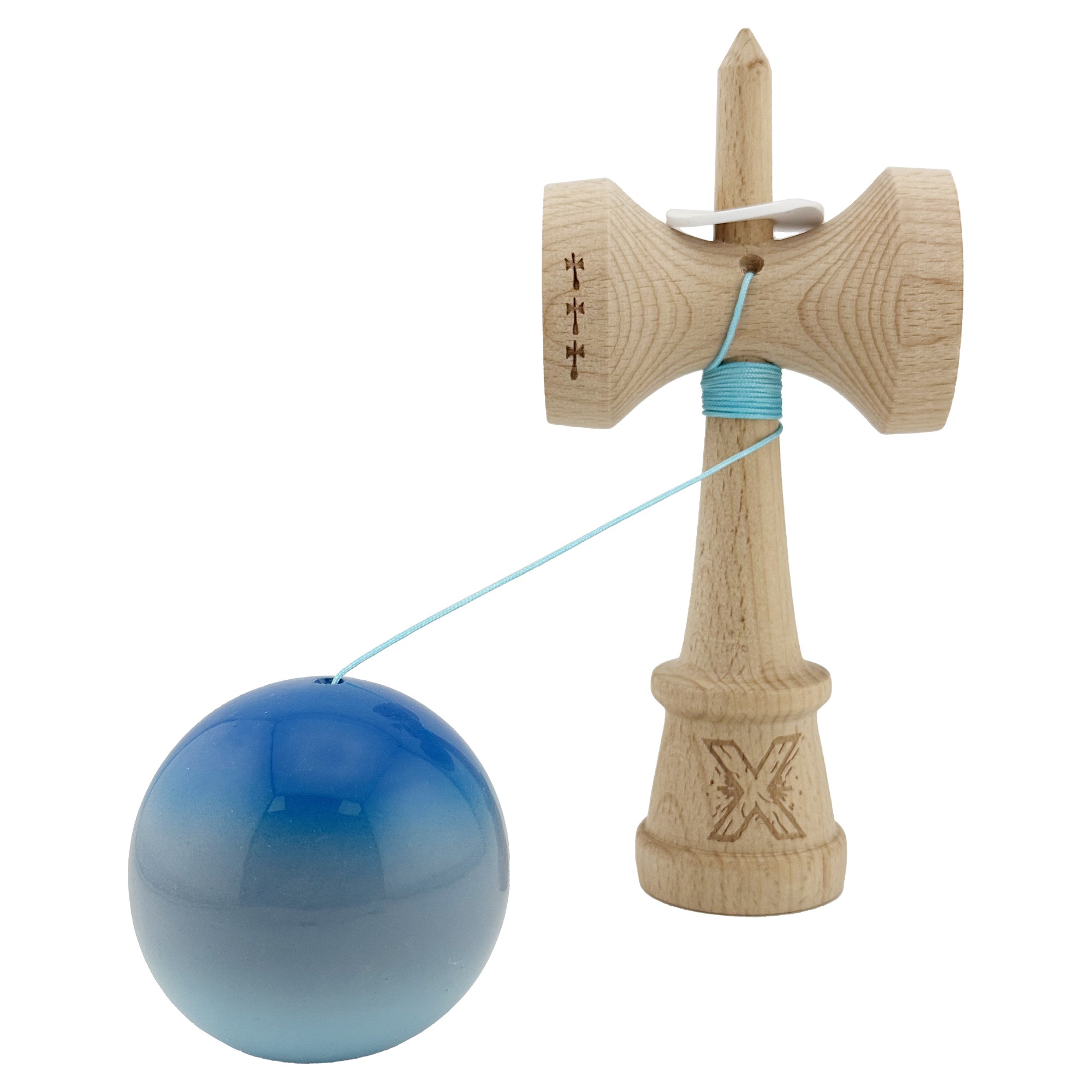 Kendama X Originala, Profesionala, Flippy, Super Sticky cu Cupe Mari KING SIZE V3, Gaura in Baza, Rulment Metalic, din lemn 18 cm, Ata 62/65 cm, Gradient Albastru/Gri/Bleu