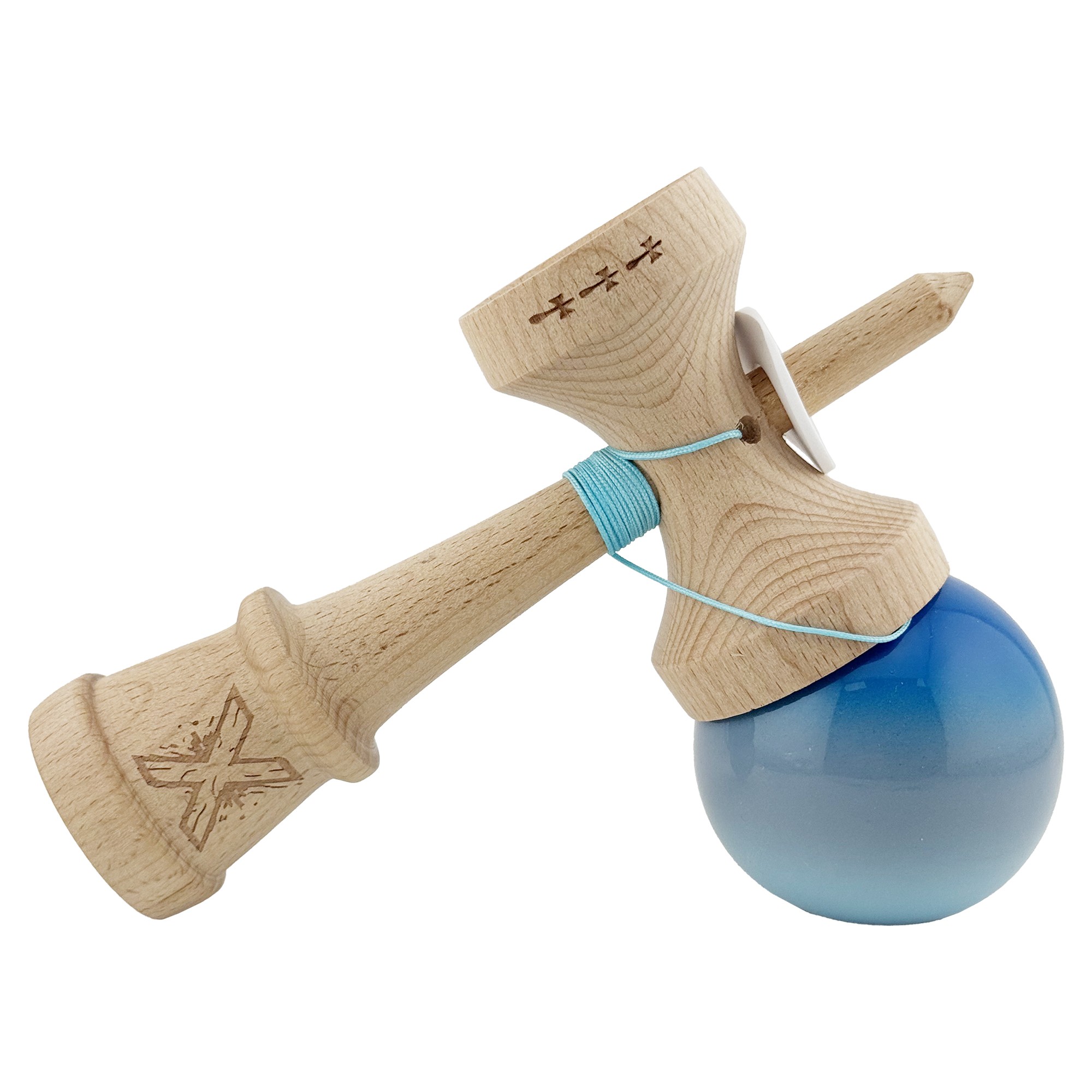 Kendama X Originala, Profesionala, Flippy, Super Sticky cu Cupe Mari KING SIZE V3, Gaura in Baza, Rulment Metalic, din lemn 18 cm, Ata 62/65 cm, Gradient Albastru/Gri/Bleu