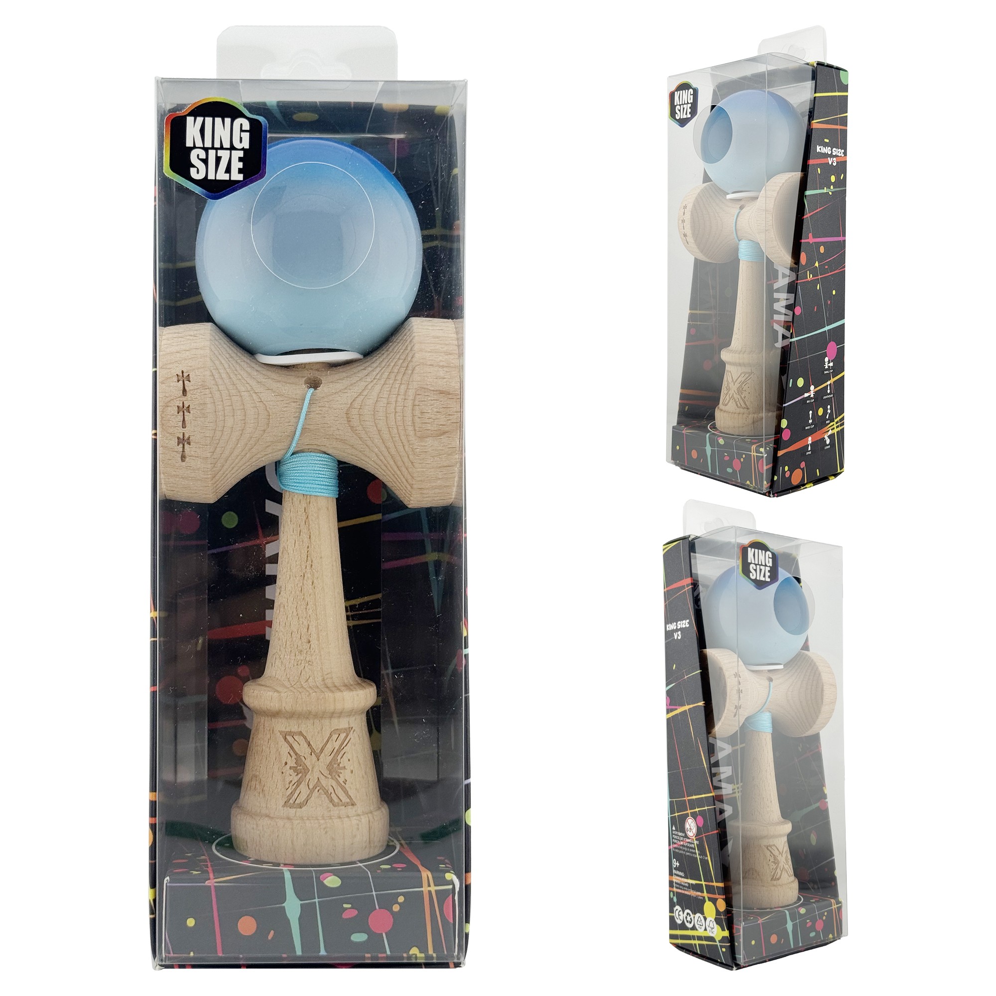 Kendama X Originala, Profesionala, Flippy, Super Sticky cu Cupe Mari KING SIZE V3, Gaura in Baza, Rulment Metalic, din lemn 18 cm, Ata 62/65 cm, Gradient Albastru/Gri/Bleu
