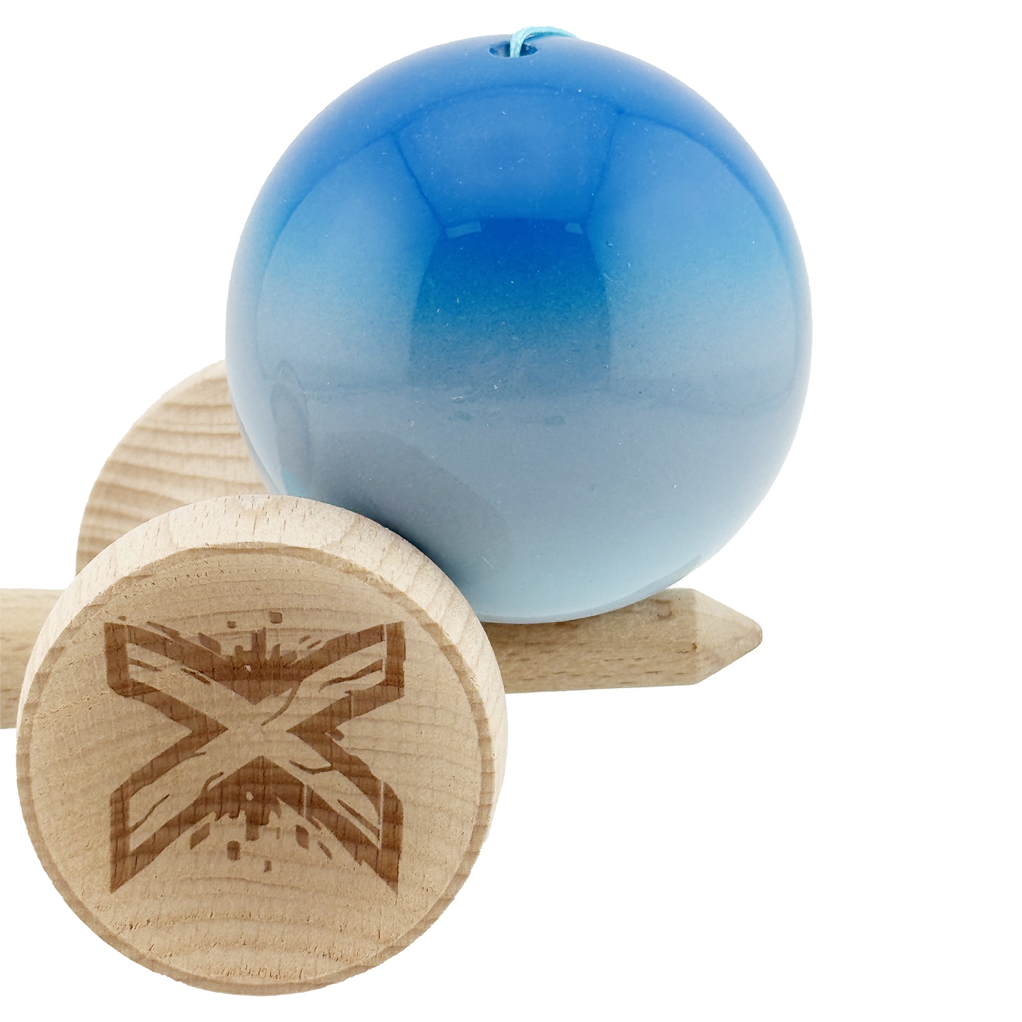 Kendama X Originala, Profesionala, Flippy, Super Sticky cu Cupe Mari KING SIZE V3, Gaura in Baza, Rulment Metalic, din lemn 18 cm, Ata 62/65 cm, Gradient Albastru/Gri/Bleu