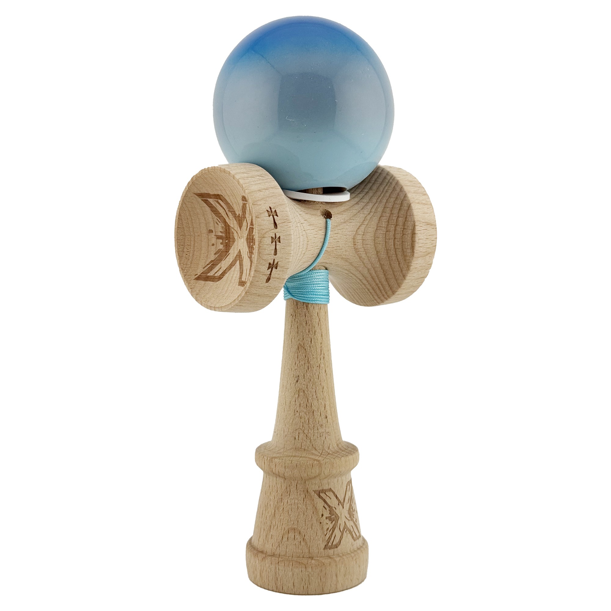 Kendama X Originala, Profesionala, Flippy, Super Sticky cu Cupe Mari KING SIZE V3, Gaura in Baza, Rulment Metalic, din lemn 18 cm, Ata 62/65 cm, Gradient Albastru/Gri/Bleu