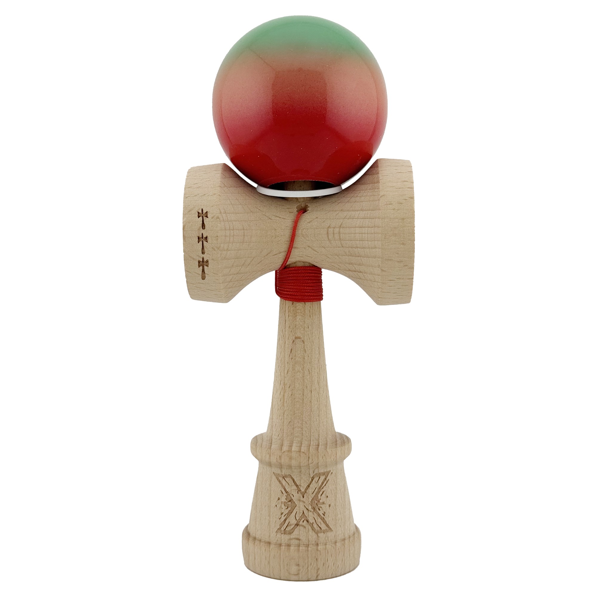Kendama X Originala, Profesionala, Flippy, Super Sticky cu Cupe Mari KING SIZE V3, Gaura in Baza, Rulment Metalic, din lemn 18 cm, Ata 62/65 cm, Gradient Verde/Portocaliu/Rosu