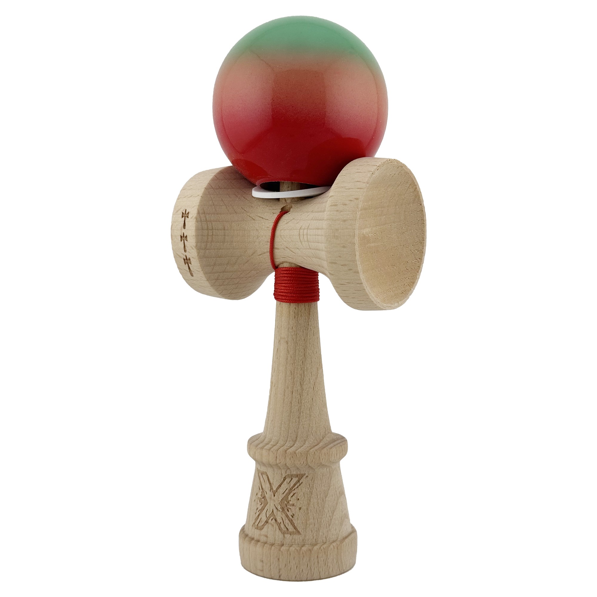 Kendama X Originala, Profesionala, Flippy, Super Sticky cu Cupe Mari KING SIZE V3, Gaura in Baza, Rulment Metalic, din lemn 18 cm, Ata 62/65 cm, Gradient Verde/Portocaliu/Rosu