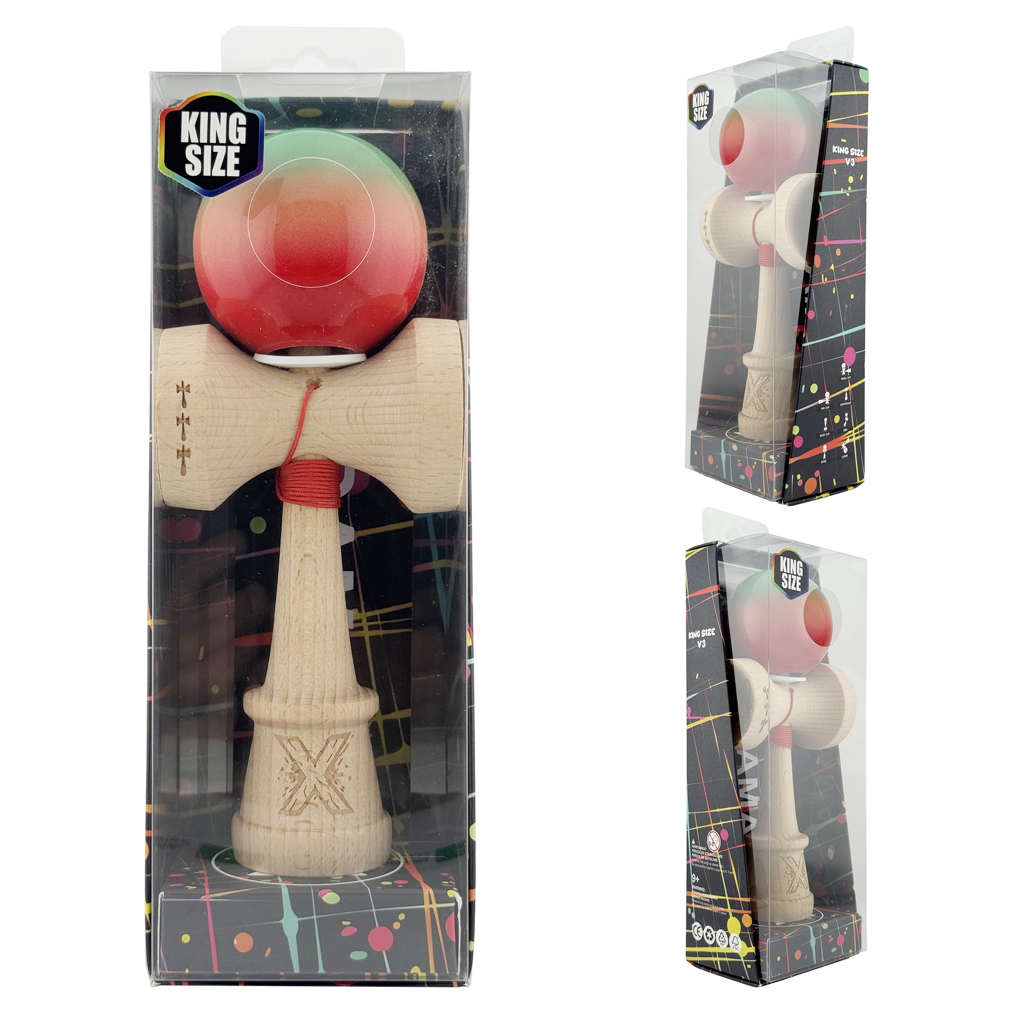 Kendama X Originala, Profesionala, Flippy, Super Sticky cu Cupe Mari KING SIZE V3, Gaura in Baza, Rulment Metalic, din lemn 18 cm, Ata 62/65 cm, Gradient Verde/Portocaliu/Rosu