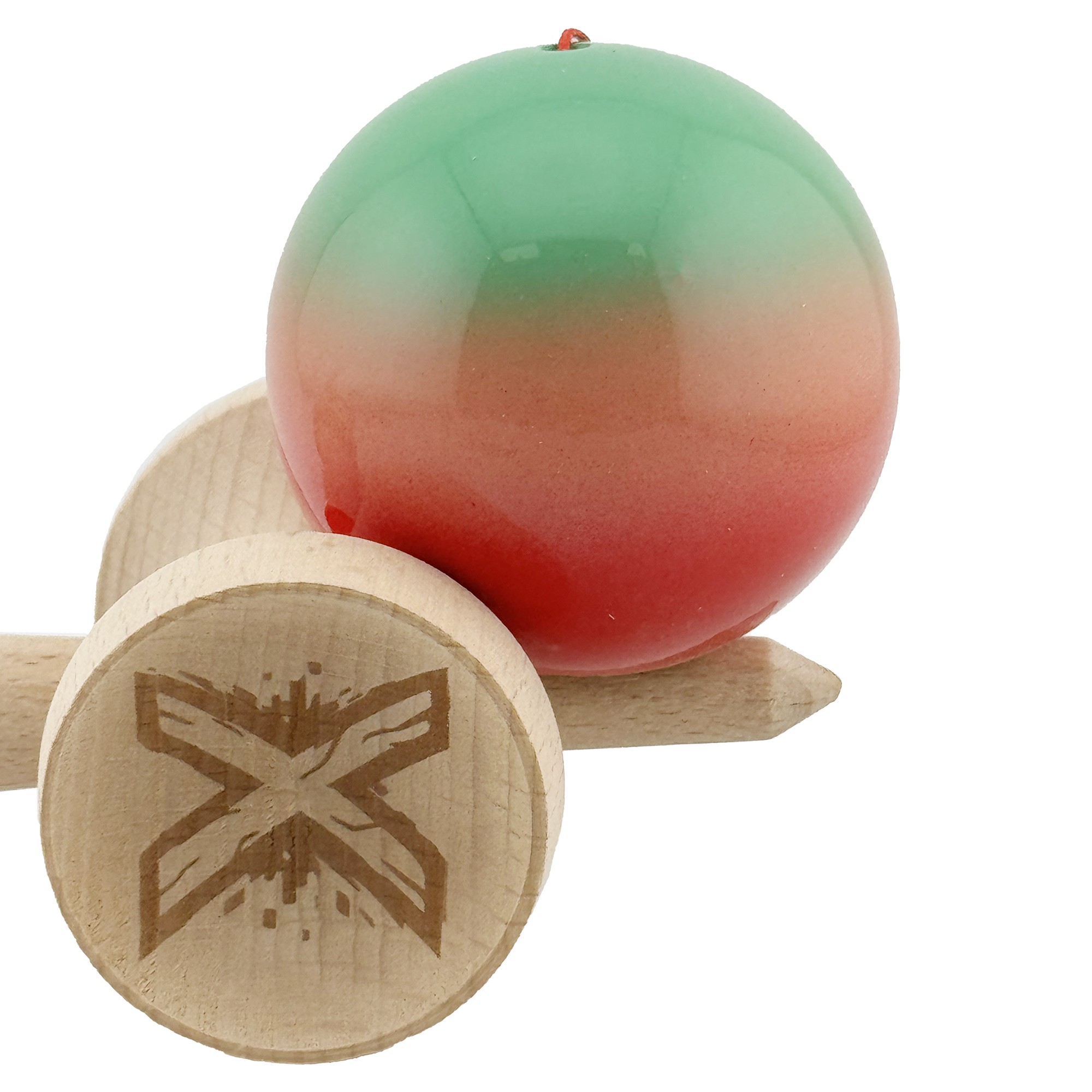 Kendama X Originala, Profesionala, Flippy, Super Sticky cu Cupe Mari KING SIZE V3, Gaura in Baza, Rulment Metalic, din lemn 18 cm, Ata 62/65 cm, Gradient Verde/Portocaliu/Rosu
