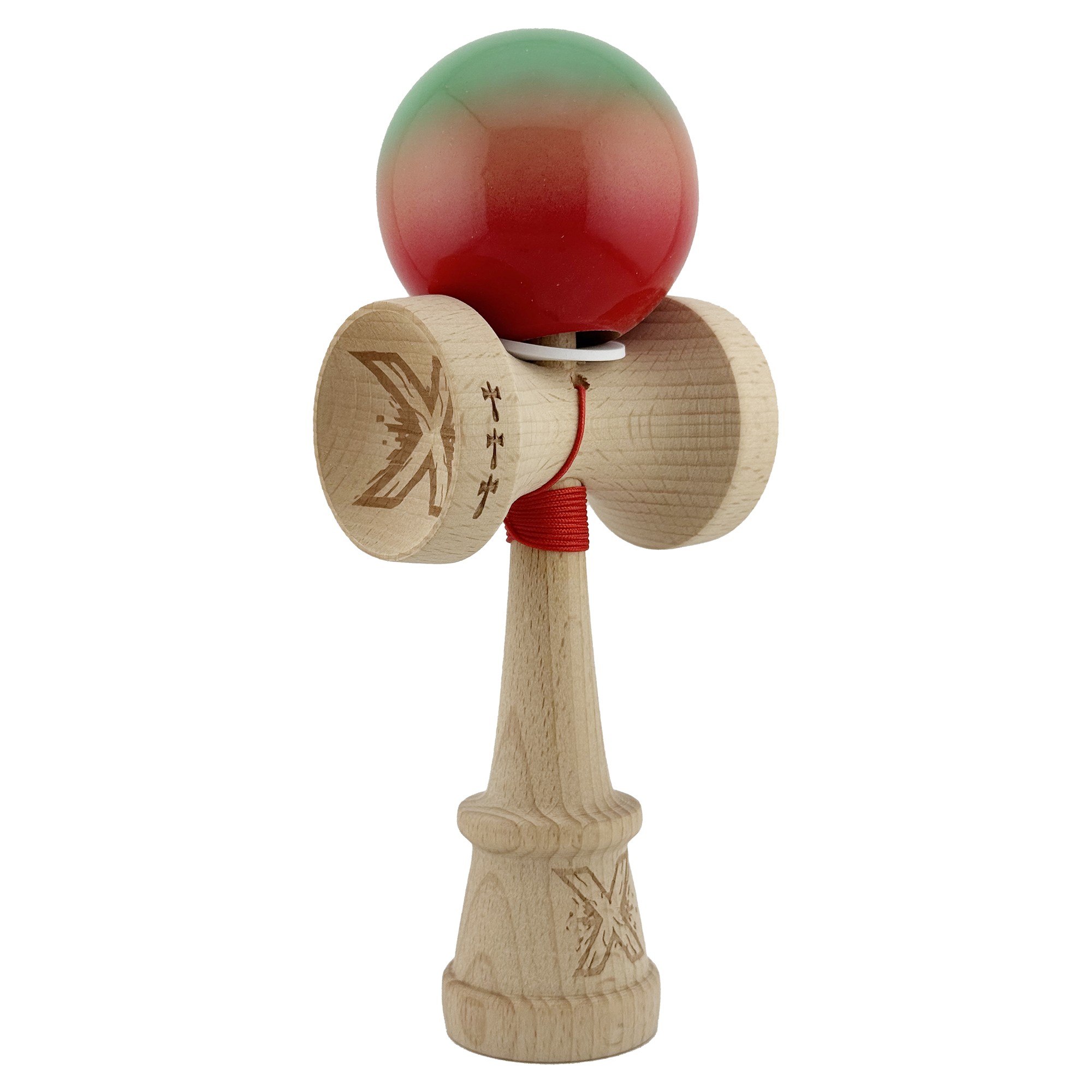 Kendama X Originala, Profesionala, Flippy, Super Sticky cu Cupe Mari KING SIZE V3, Gaura in Baza, Rulment Metalic, din lemn 18 cm, Ata 62/65 cm, Gradient Verde/Portocaliu/Rosu