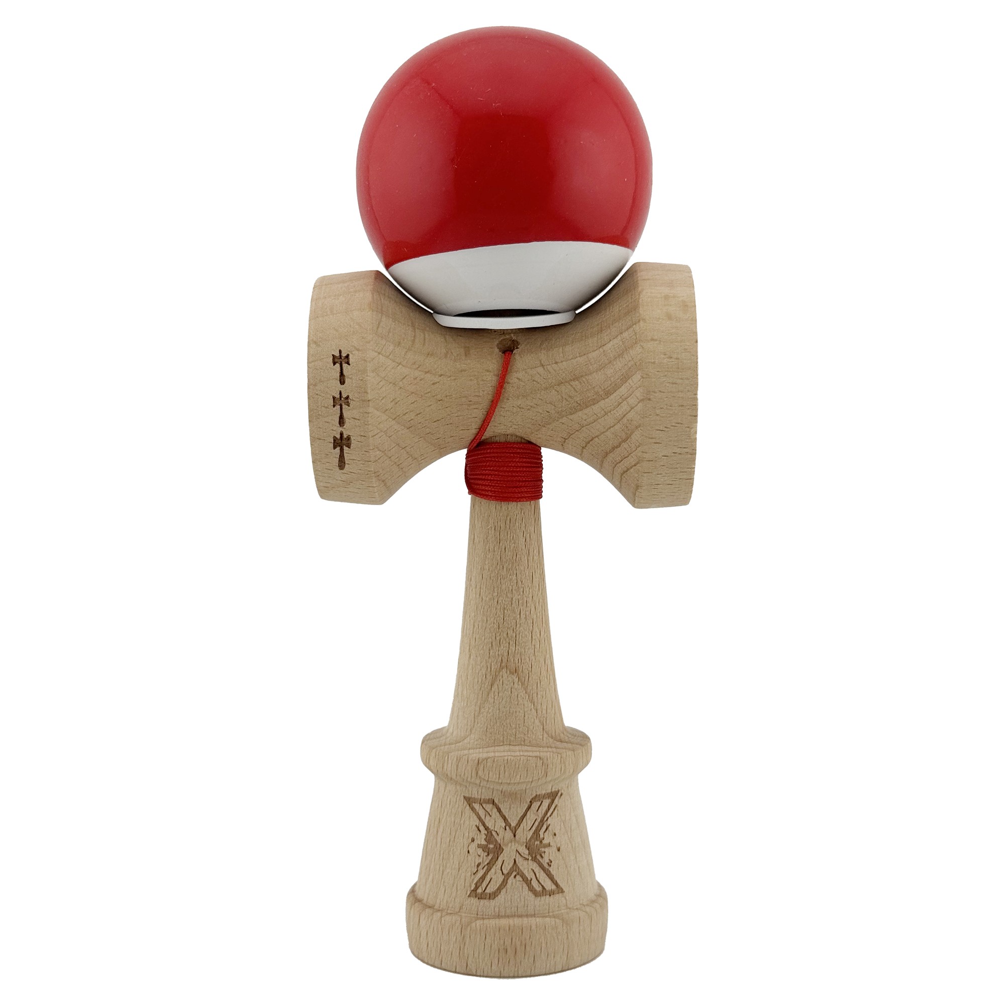 Kendama X Originala, Profesionala, Flippy, Super Sticky cu Cupe Mari KING SIZE V3, Gaura in Baza, Rulment Metalic, din lemn 18 cm, Ata 62/65 cm, Bicolor Rosu/Alb