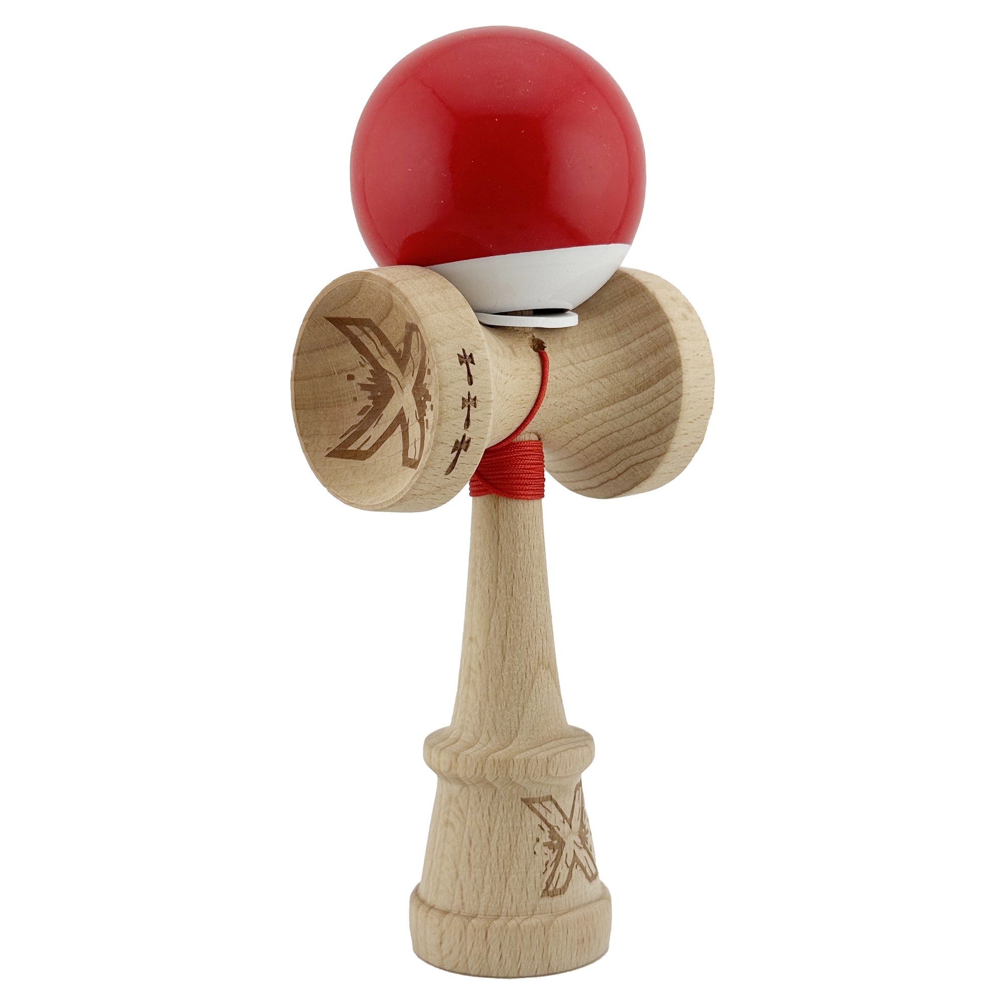 Kendama X Originala, Profesionala, Flippy, Super Sticky cu Cupe Mari KING SIZE V3, Gaura in Baza, Rulment Metalic, din lemn 18 cm, Ata 62/65 cm, Bicolor Rosu/Alb