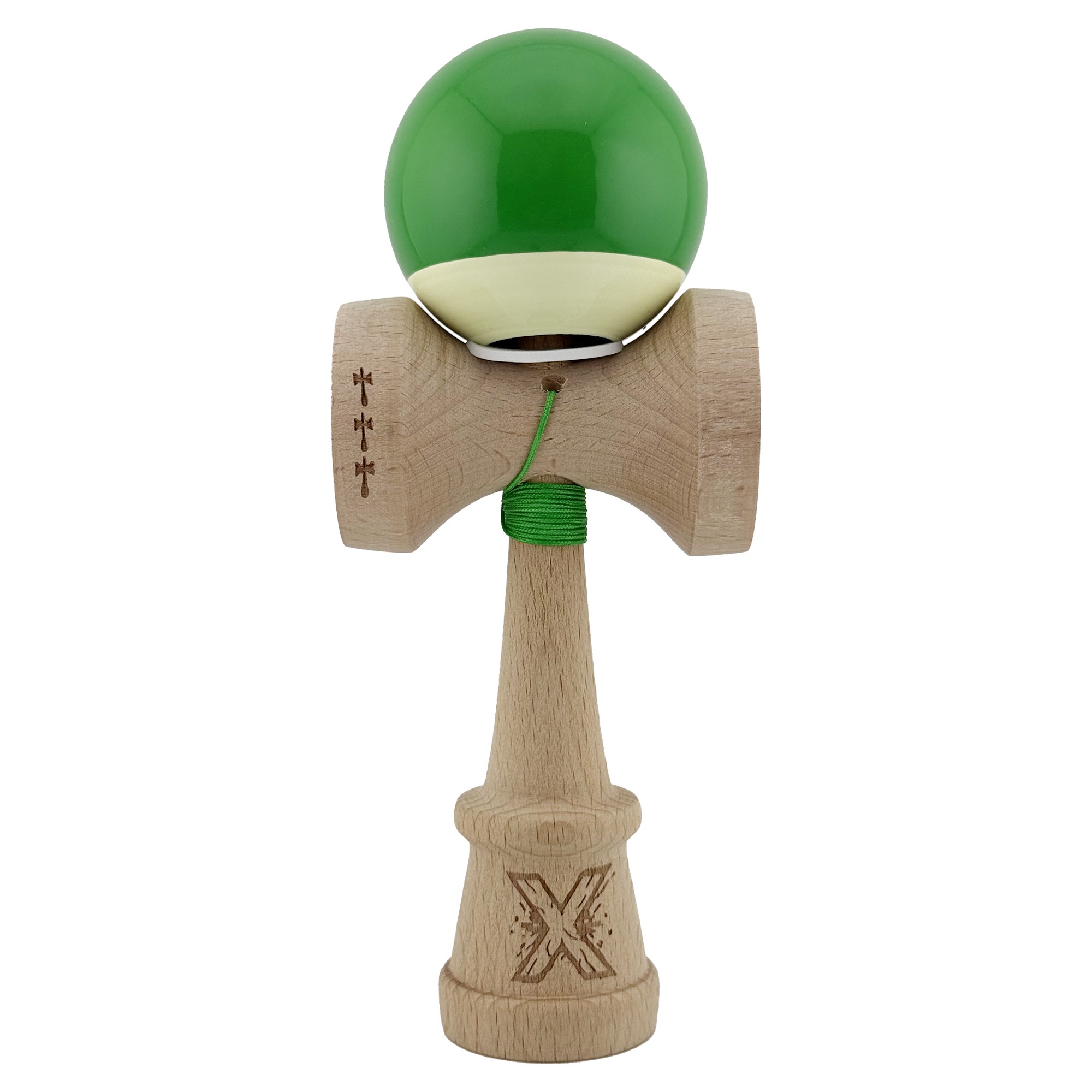Kendama X Originala, Profesionala, Flippy, Super Sticky cu Cupe Mari KING SIZE V3, Gaura in Baza, Rulment Metalic, din lemn 18 cm, Ata 62/65 cm, Bicolor Verde/Alb