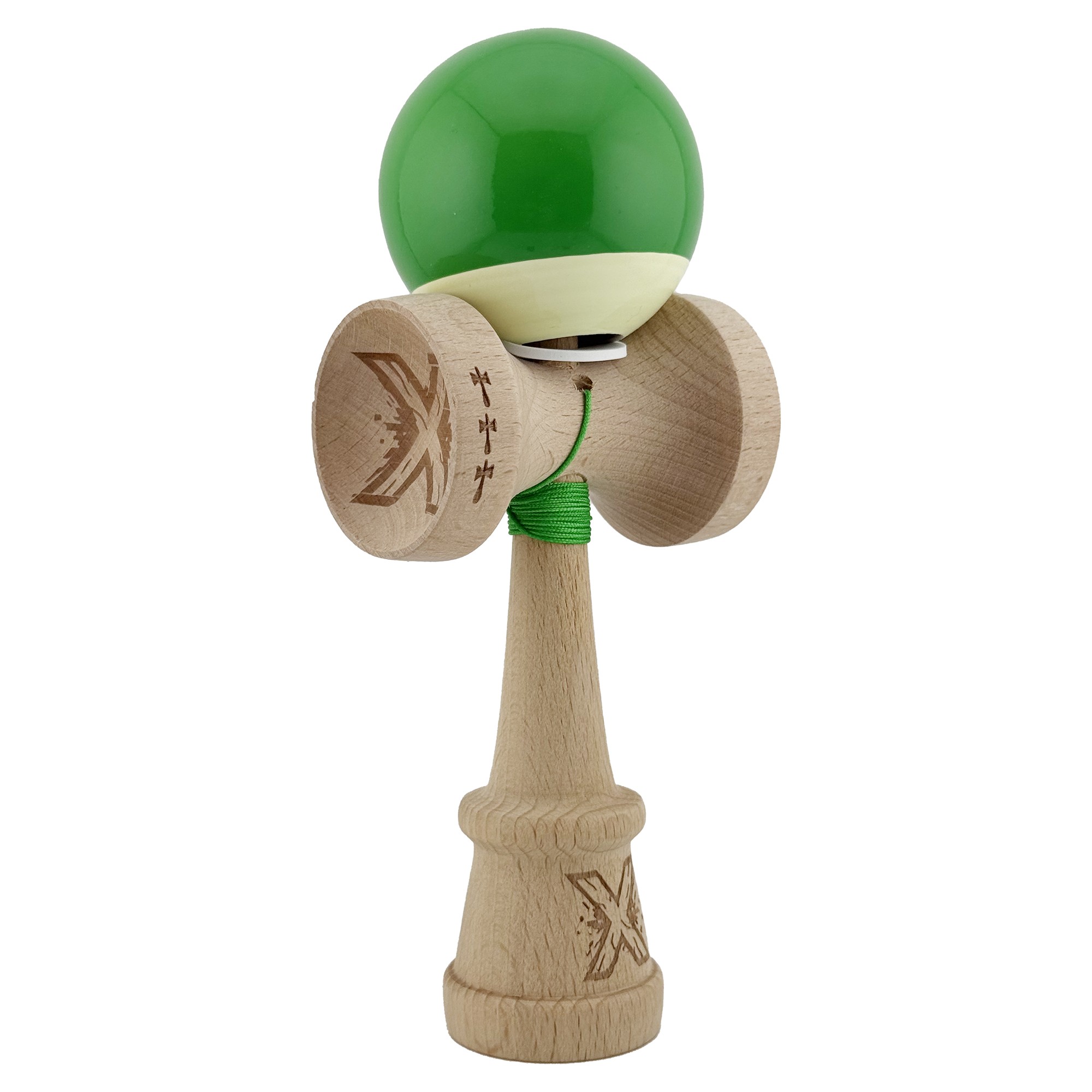 Kendama X Originala, Profesionala, Flippy, Super Sticky cu Cupe Mari KING SIZE V3, Gaura in Baza, Rulment Metalic, din lemn 18 cm, Ata 62/65 cm, Bicolor Verde/Alb