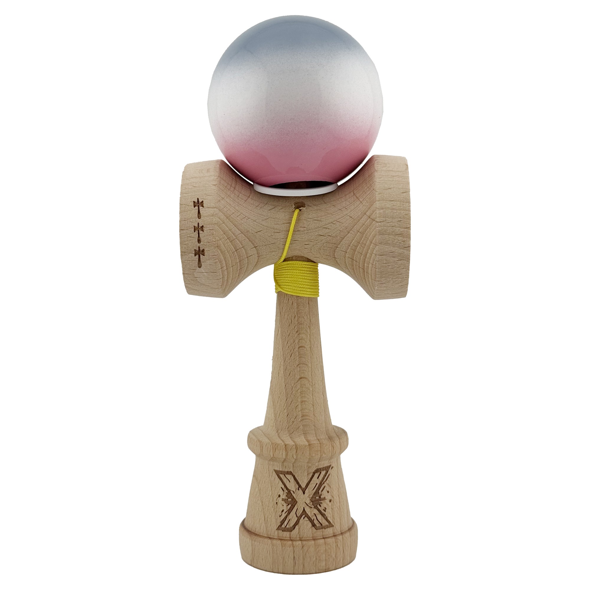 Kendama X Originala, Profesionala, Flippy, Super Sticky cu Cupe Mari KING SIZE V3, Gaura in Baza, Rulment Metalic, din lemn 18 cm, Ata 62/65 cm, Gradient Gri/Alb/Roz