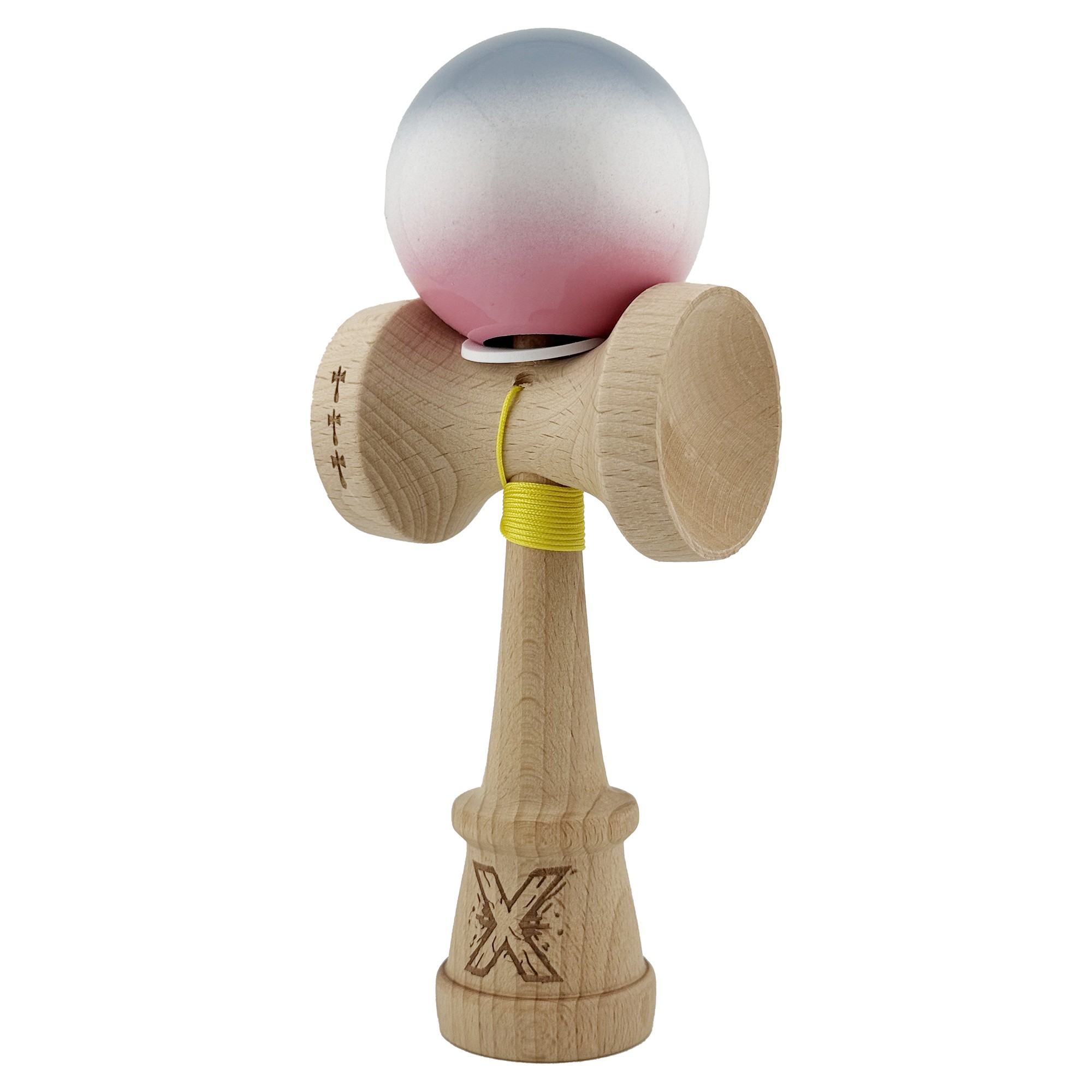 Kendama X Originala, Profesionala, Flippy, Super Sticky cu Cupe Mari KING SIZE V3, Gaura in Baza, Rulment Metalic, din lemn 18 cm, Ata 62/65 cm, Gradient Gri/Alb/Roz