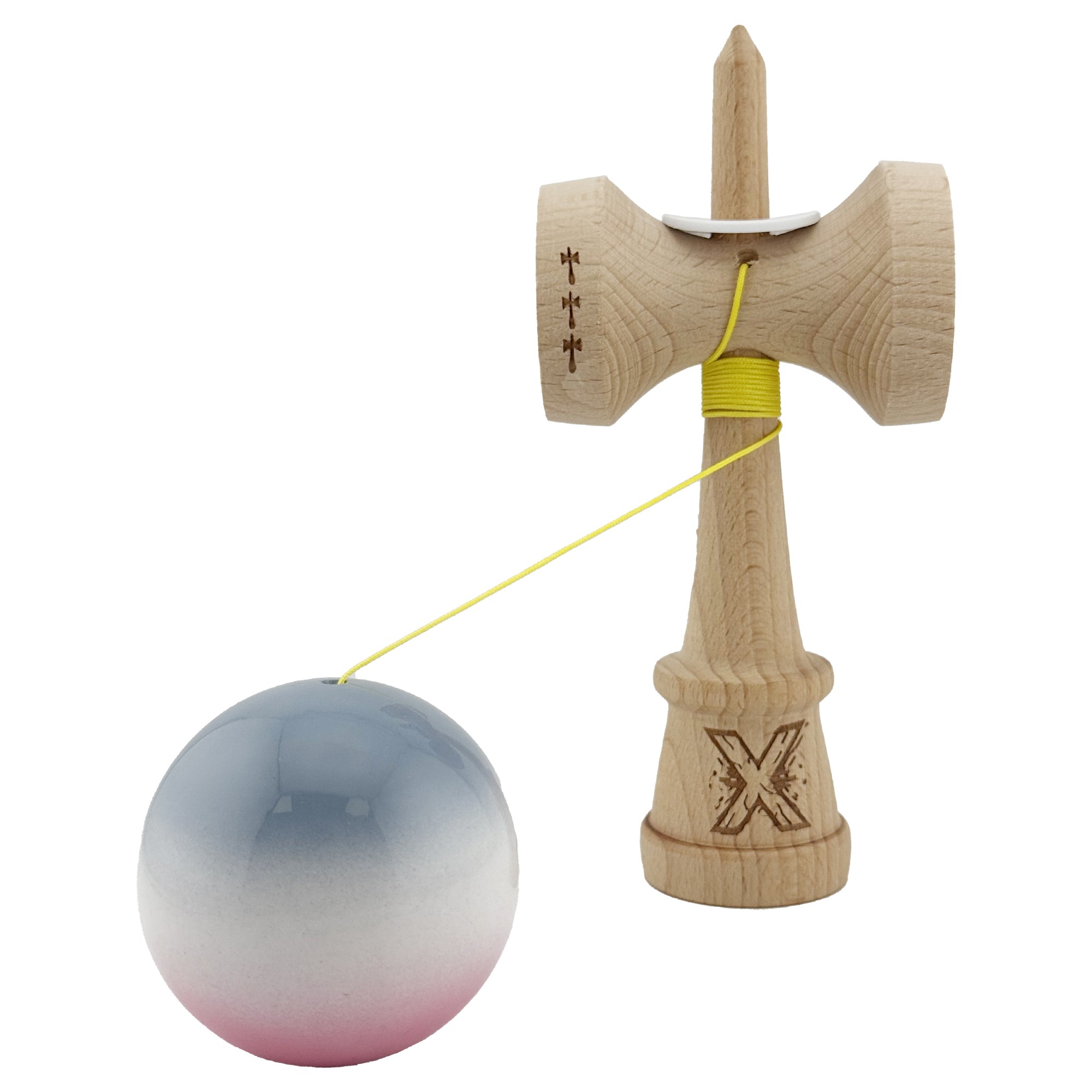 Kendama X Originala, Profesionala, Flippy, Super Sticky cu Cupe Mari KING SIZE V3, Gaura in Baza, Rulment Metalic, din lemn 18 cm, Ata 62/65 cm, Gradient Gri/Alb/Roz