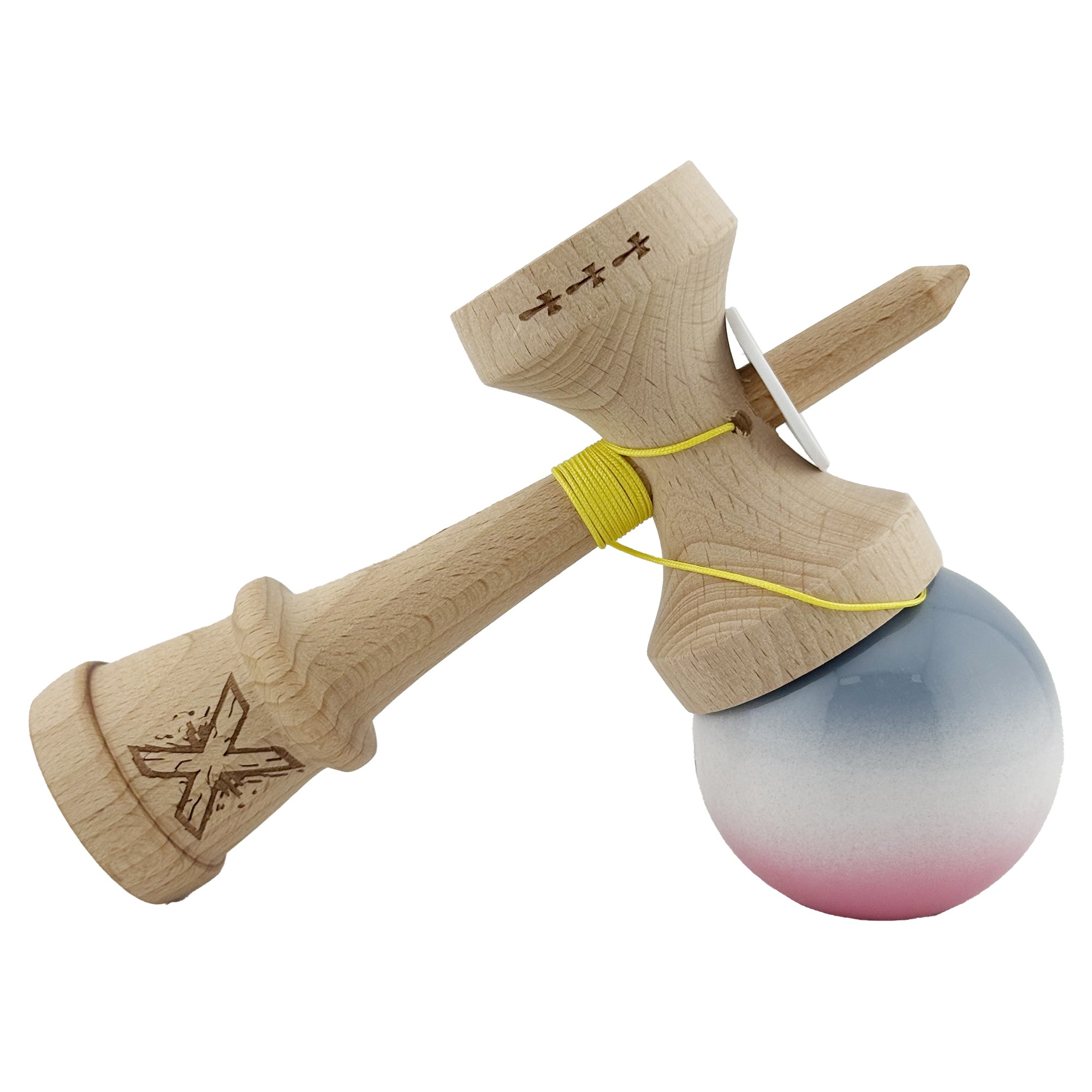 Kendama X Originala, Profesionala, Flippy, Super Sticky cu Cupe Mari KING SIZE V3, Gaura in Baza, Rulment Metalic, din lemn 18 cm, Ata 62/65 cm, Gradient Gri/Alb/Roz