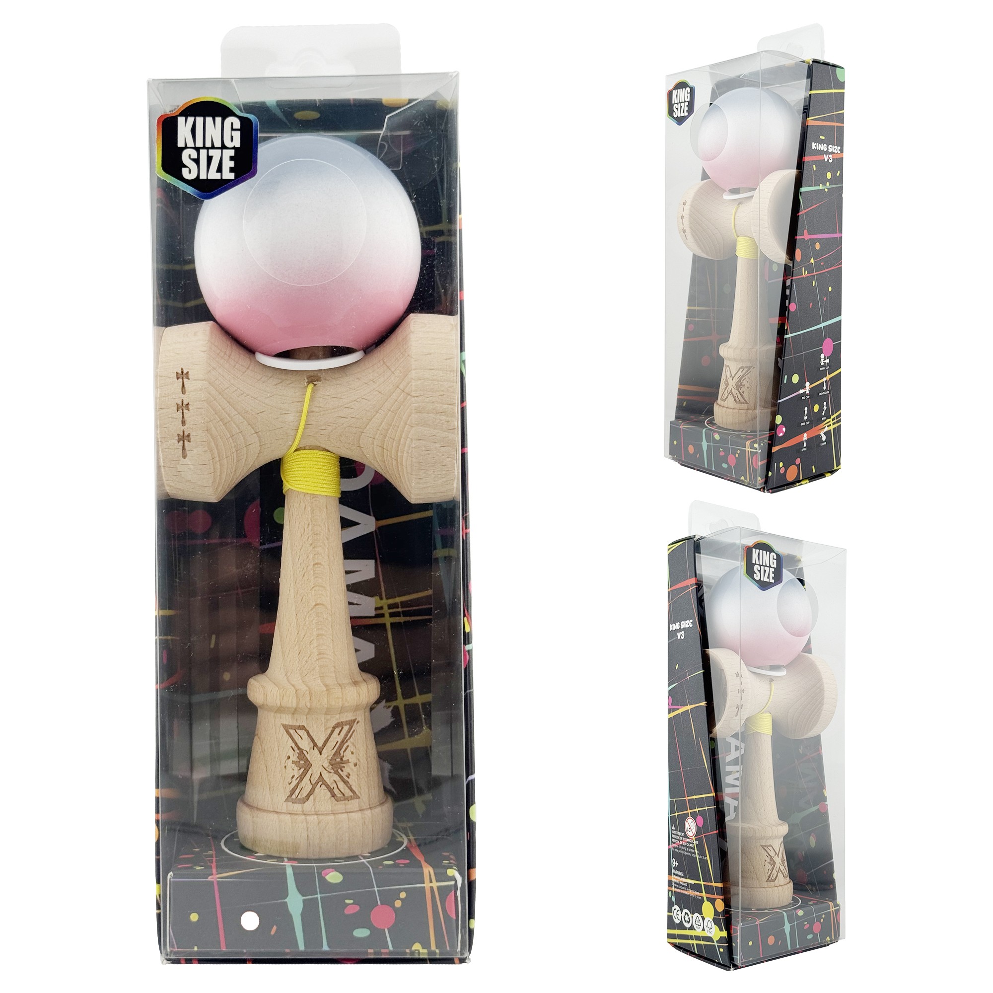 Kendama X Originala, Profesionala, Flippy, Super Sticky cu Cupe Mari KING SIZE V3, Gaura in Baza, Rulment Metalic, din lemn 18 cm, Ata 62/65 cm, Gradient Gri/Alb/Roz