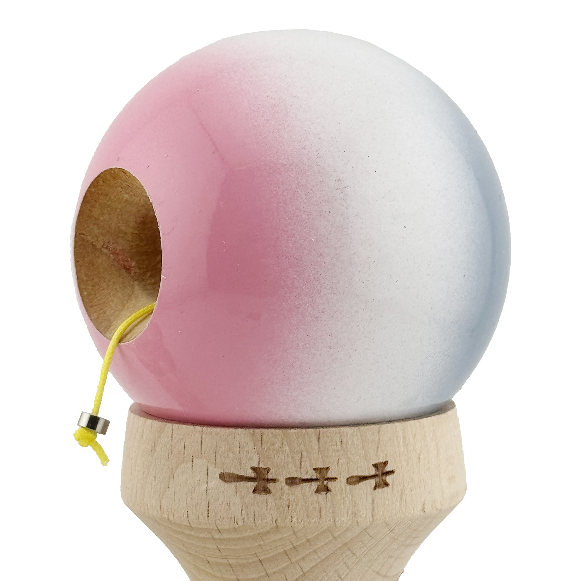 Kendama X Originala, Profesionala, Flippy, Super Sticky cu Cupe Mari KING SIZE V3, Gaura in Baza, Rulment Metalic, din lemn 18 cm, Ata 62/65 cm, Gradient Gri/Alb/Roz