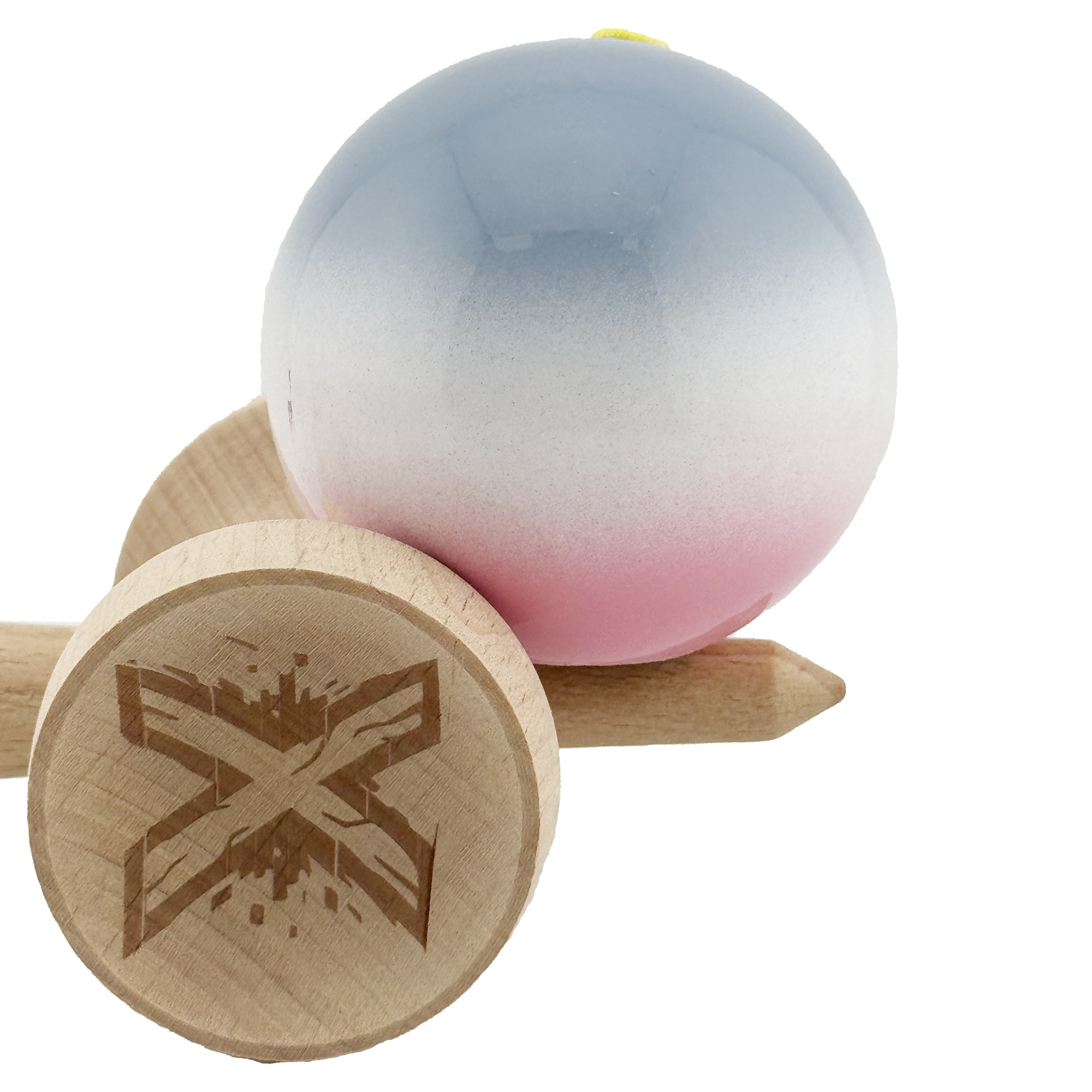 Kendama X Originala, Profesionala, Flippy, Super Sticky cu Cupe Mari KING SIZE V3, Gaura in Baza, Rulment Metalic, din lemn 18 cm, Ata 62/65 cm, Gradient Gri/Alb/Roz