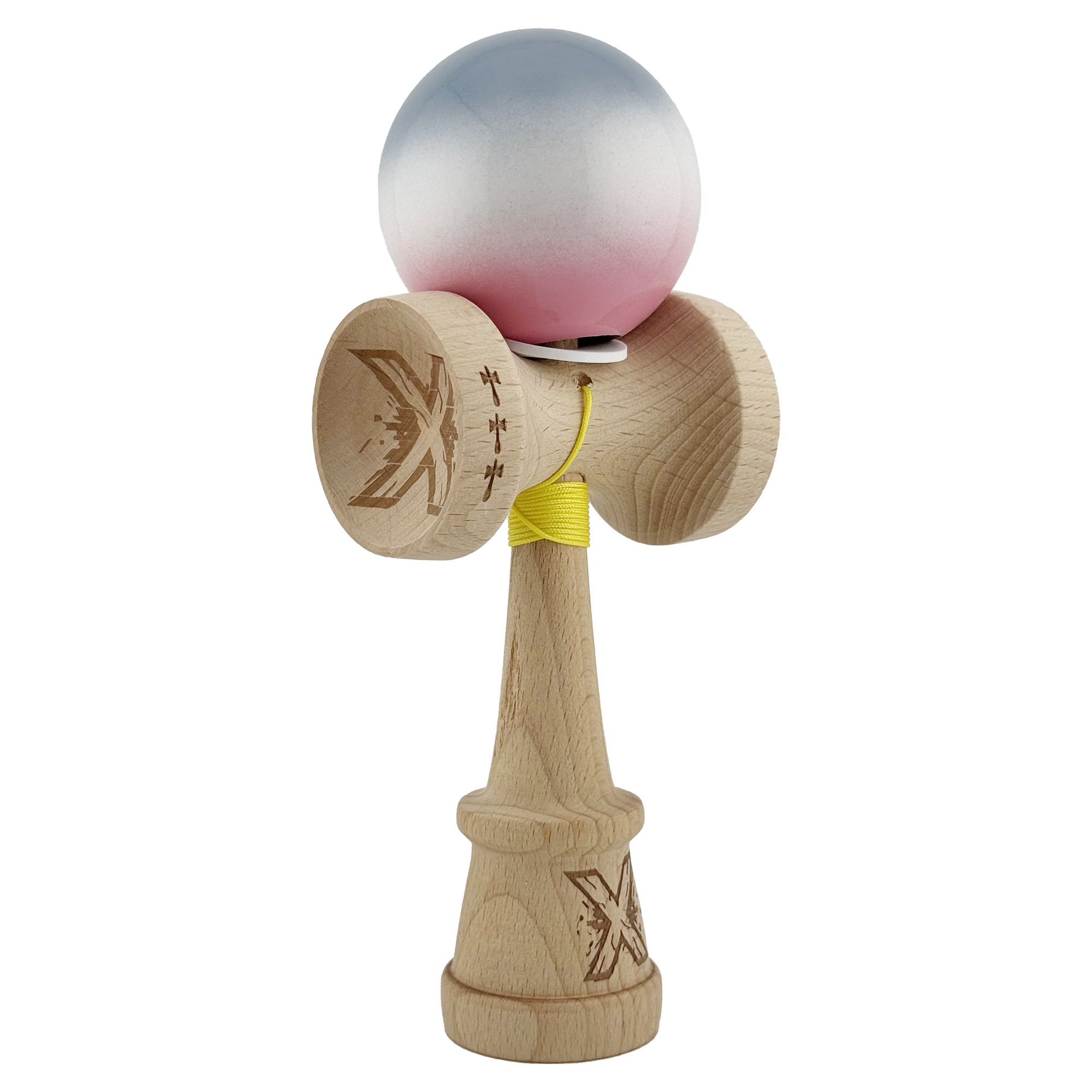 Kendama X Originala, Profesionala, Flippy, Super Sticky cu Cupe Mari KING SIZE V3, Gaura in Baza, Rulment Metalic, din lemn 18 cm, Ata 62/65 cm, Gradient Gri/Alb/Roz
