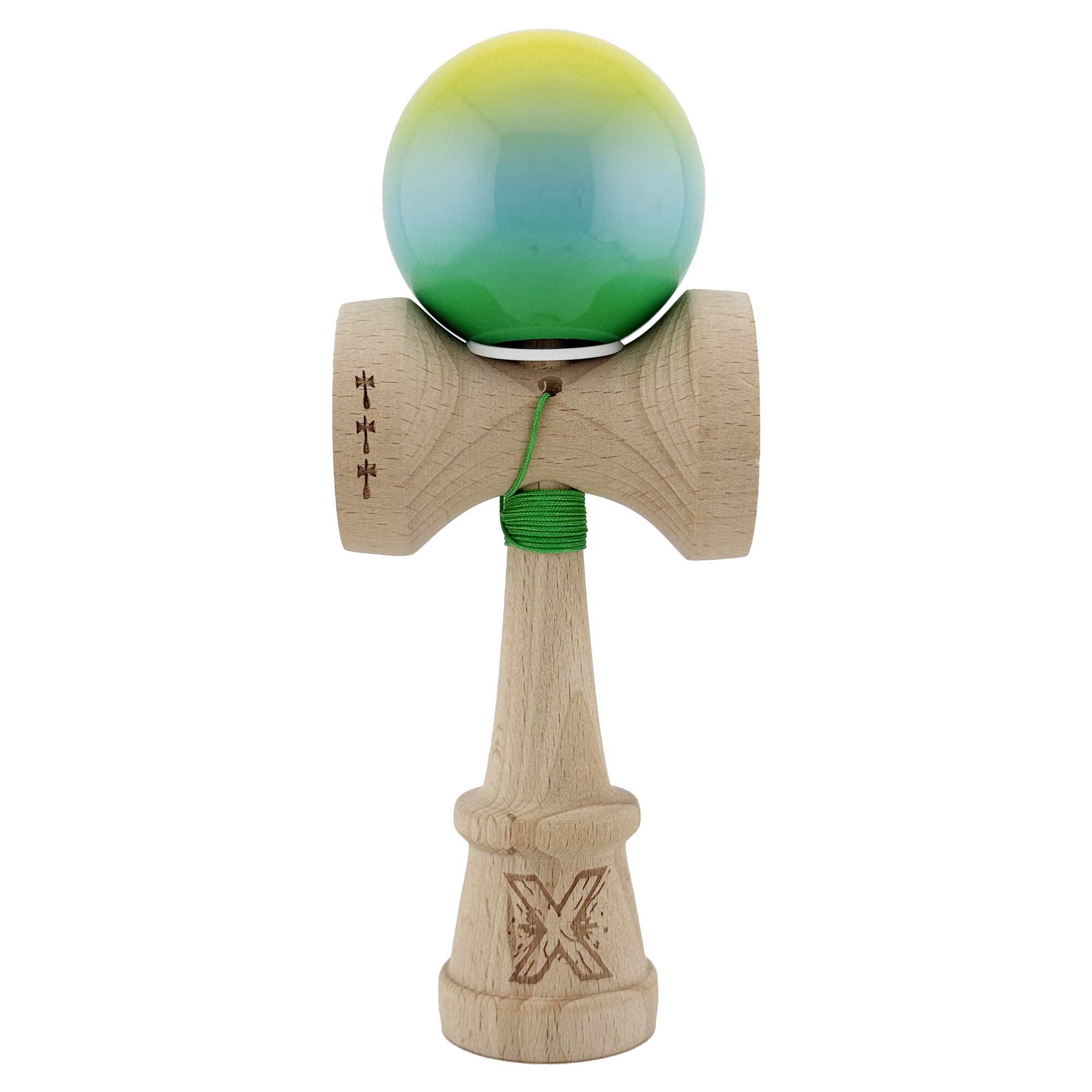 Kendama X Originala, Profesionala, Flippy, Super Sticky cu Cupe Mari KING SIZE V3, Gaura in Baza, Rulment Metalic, din lemn 18 cm, Ata 62/65 cm, Gradient Galben/Albastru/Verde