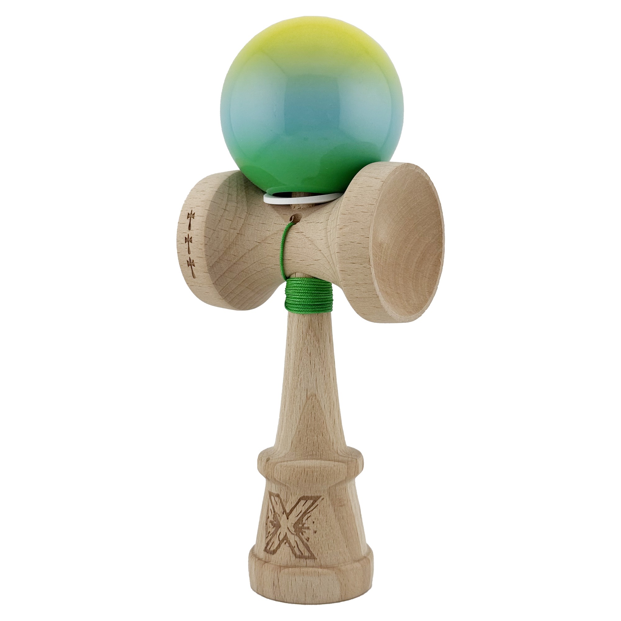 Kendama X Originala, Profesionala, Flippy, Super Sticky cu Cupe Mari KING SIZE V3, Gaura in Baza, Rulment Metalic, din lemn 18 cm, Ata 62/65 cm, Gradient Galben/Albastru/Verde